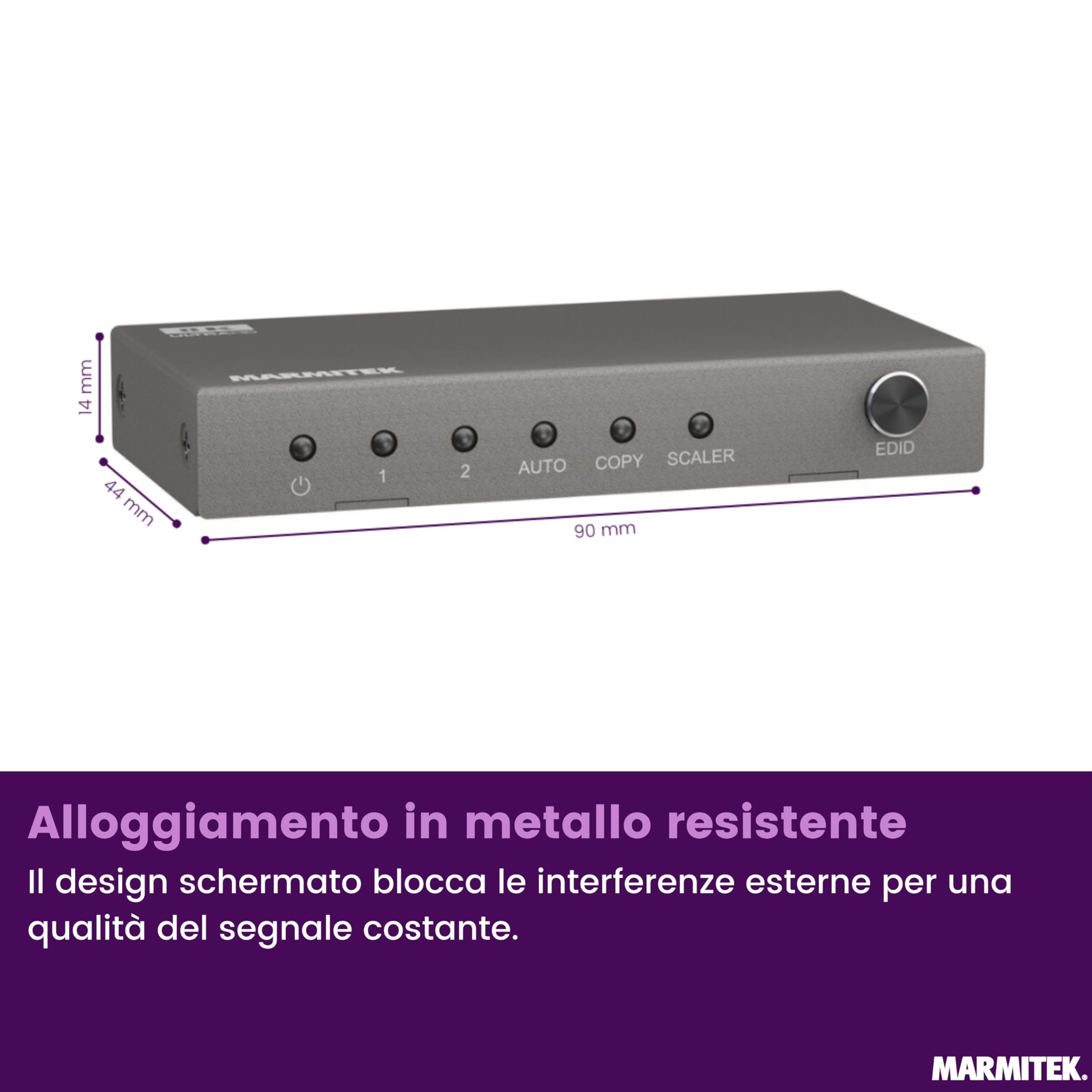 Marmitek Split 712 - Splitter HDMI 8K60 4K120 1 ingresso 2 uscite | Ripartitore HDMI 2.1 per gaming, VRR, ALLM, QMS, QFT, Downscale EDID, 40 Gbit/s, HDCP 2.3 e scocca metallica