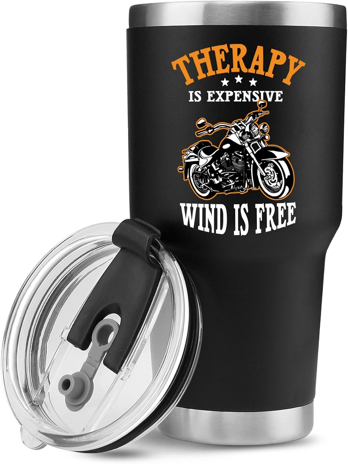 Panvola Therapy Is Expensive Wind Is Free Motorcycle Gifts Vacuum Insulated Tumblers Biker Rider Gift For Dad Husband Boyfriend Uncle Travel Mug (Black, 30 Ounces)