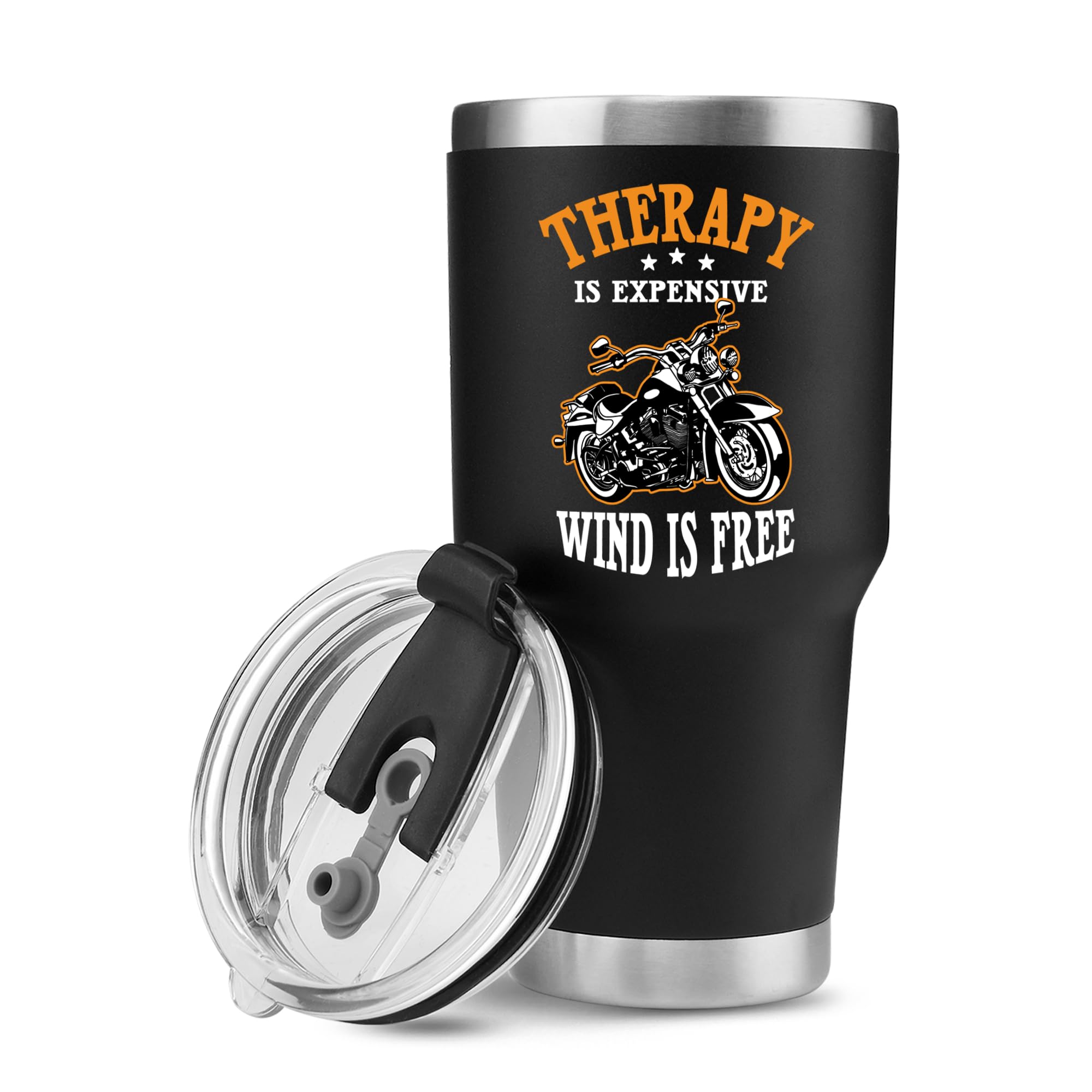 Panvola Therapy is Expensive Wind is Free Motorcycle Gifts Biker Rider for Dad Husband Boyfriend Uncle Travel Mug Vacuum Insulated Tumblers (Black, 30 Ounces)