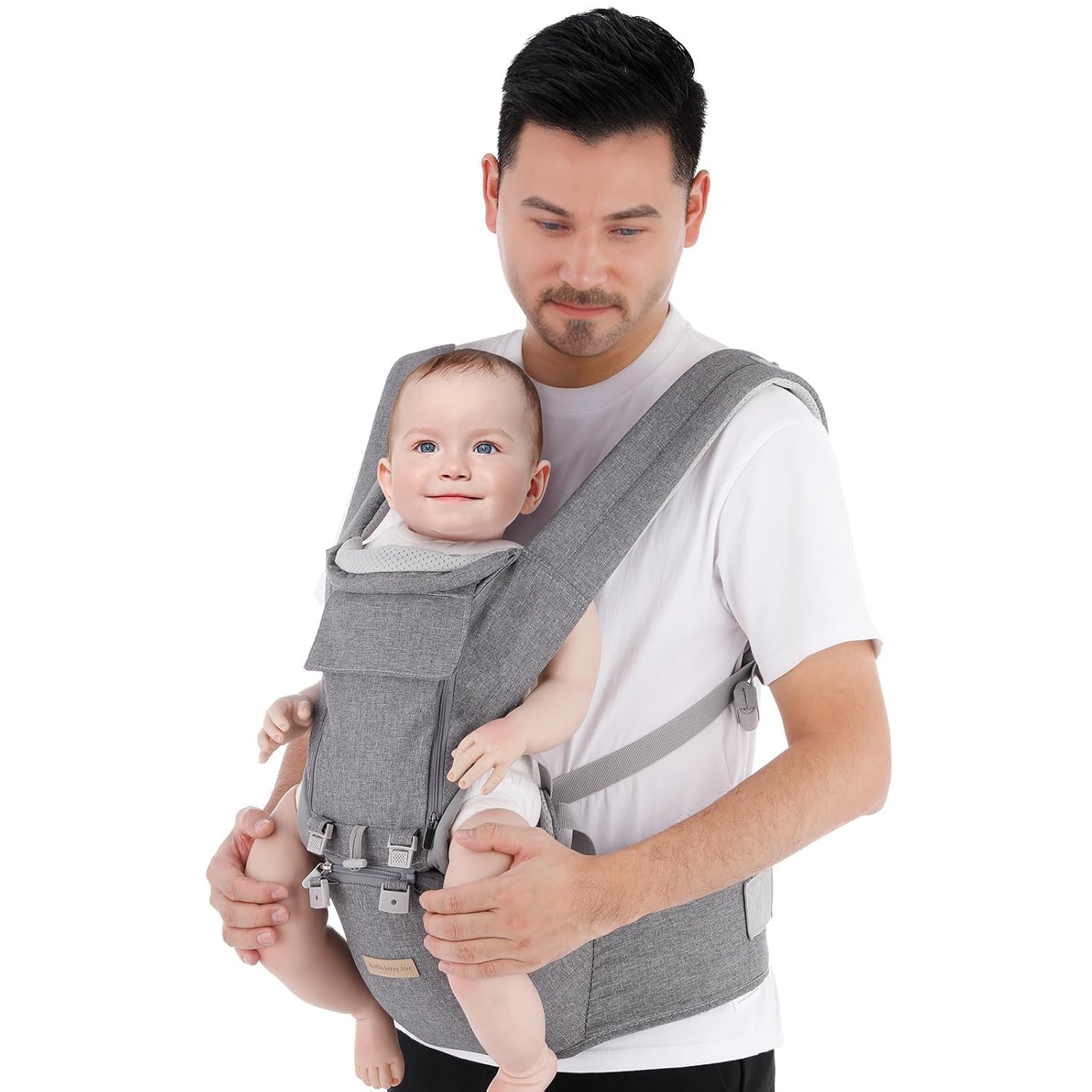 Fascia Neonato, 9-in-1 Regolabile Marsupio Neonati Ergonomico, Confortevole e Leggero, Sedile con Supporto Lombare, Marsupio Bambino da 0-36 Mesi, Ideale per Genitori a Mani Libere, Grigio