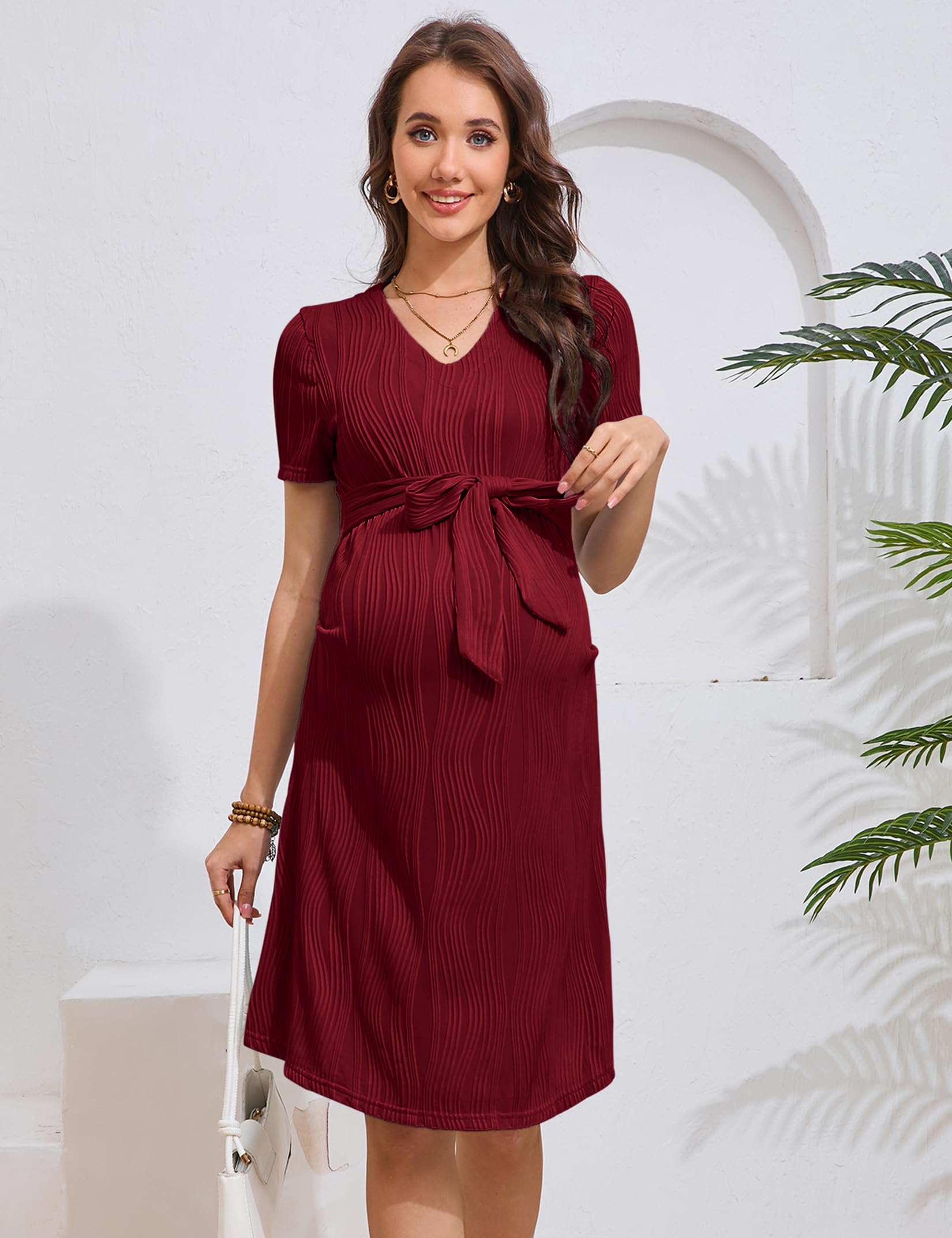 KOJOOIN Umstandskleid Damen V-Ausschnitt Kurzarm Schwangerschaftskleid Casual Umstandskleider Umstandsmode Sommerkleid mit Gürtel(Verpackung MEHRWEG)