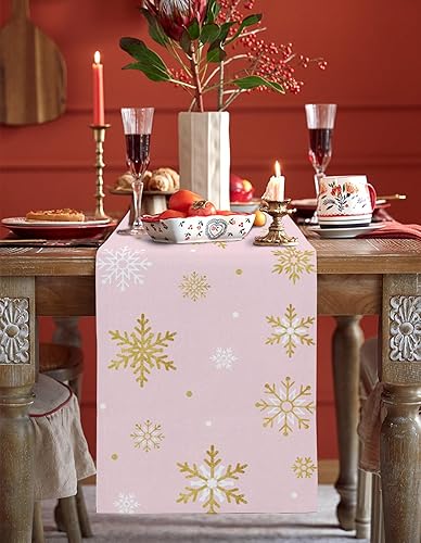 Miniatura 2 de Camino de mesa de copo de nieve rosa rubor, lino de algodón, bufandas de tocador de vacaciones de 120 pulgadas, feliz Navidad, romántico, color