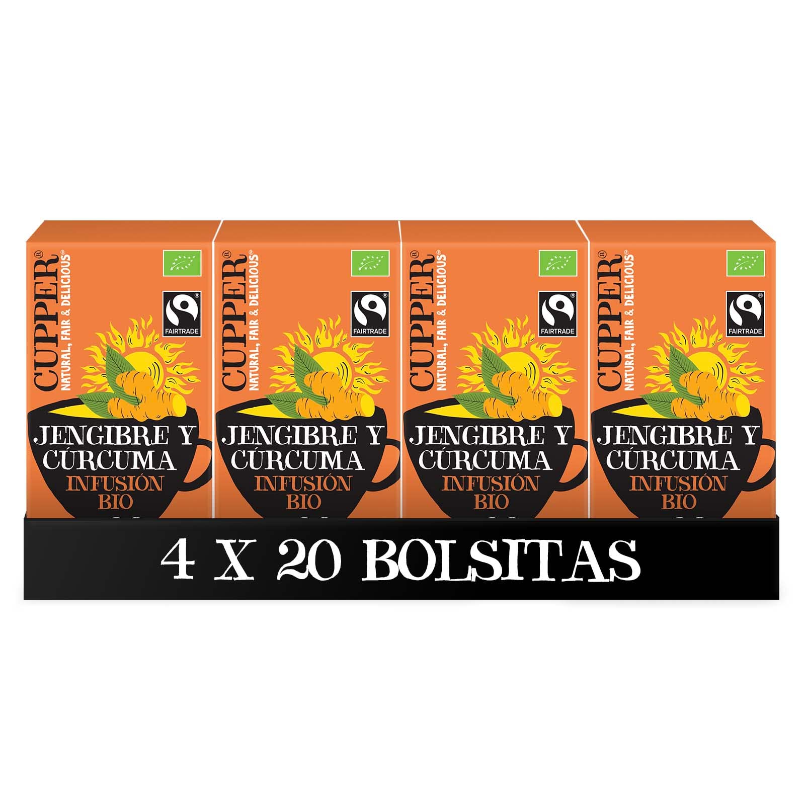 Cupper Infusión de Jengibre y Cúrcuma BIO Pack 4 Cajas 20 Bolsitas Ecológicas Antioxidante Vegano