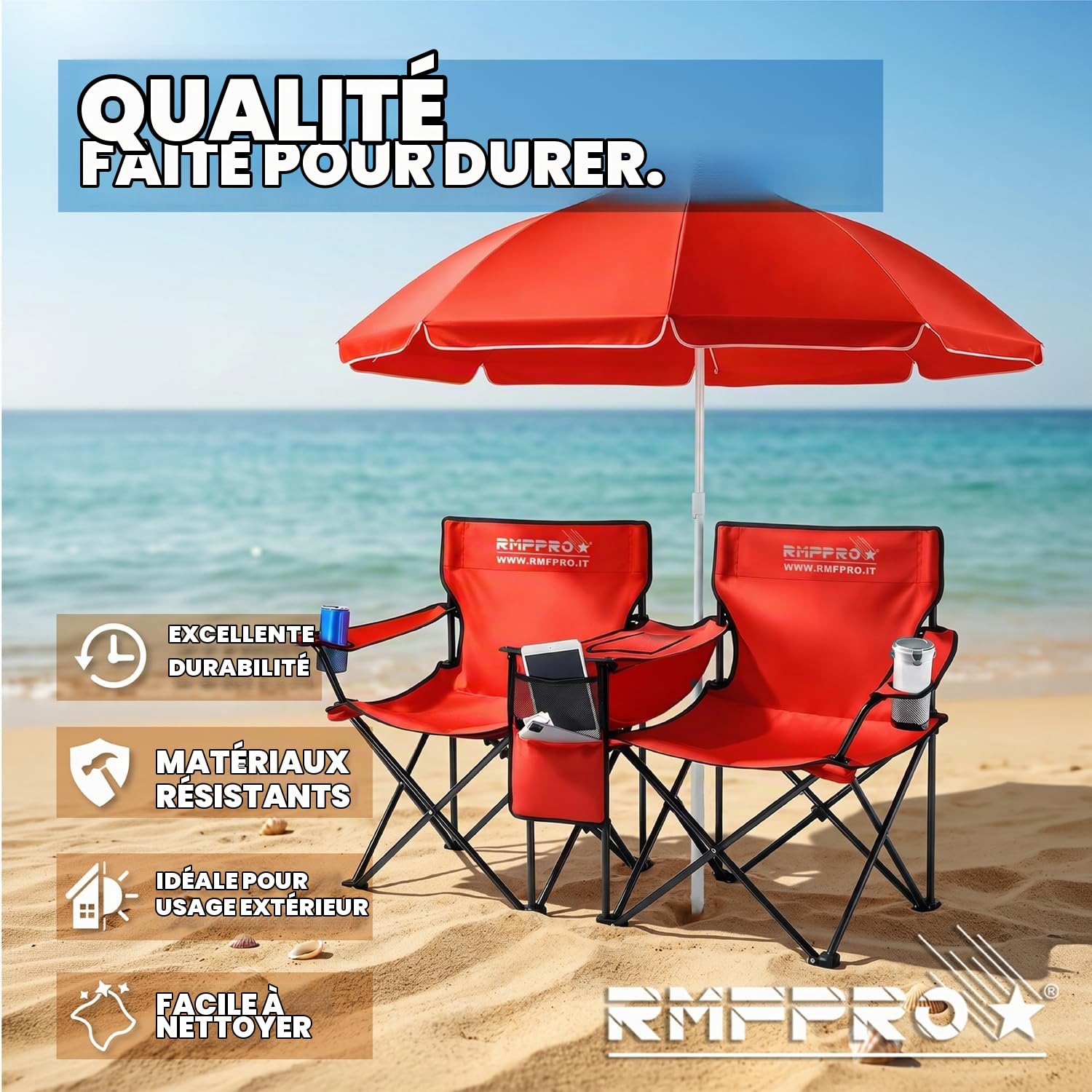 Set avec Parasol et 2 Chaises d'Extérieur idéal pour la Mer ou Le Camping, avec Glacière Centrale et Porte-Boissons - Idéal Aussi pour la Pêche, Structure en Acier avec Housse Transport Rouge