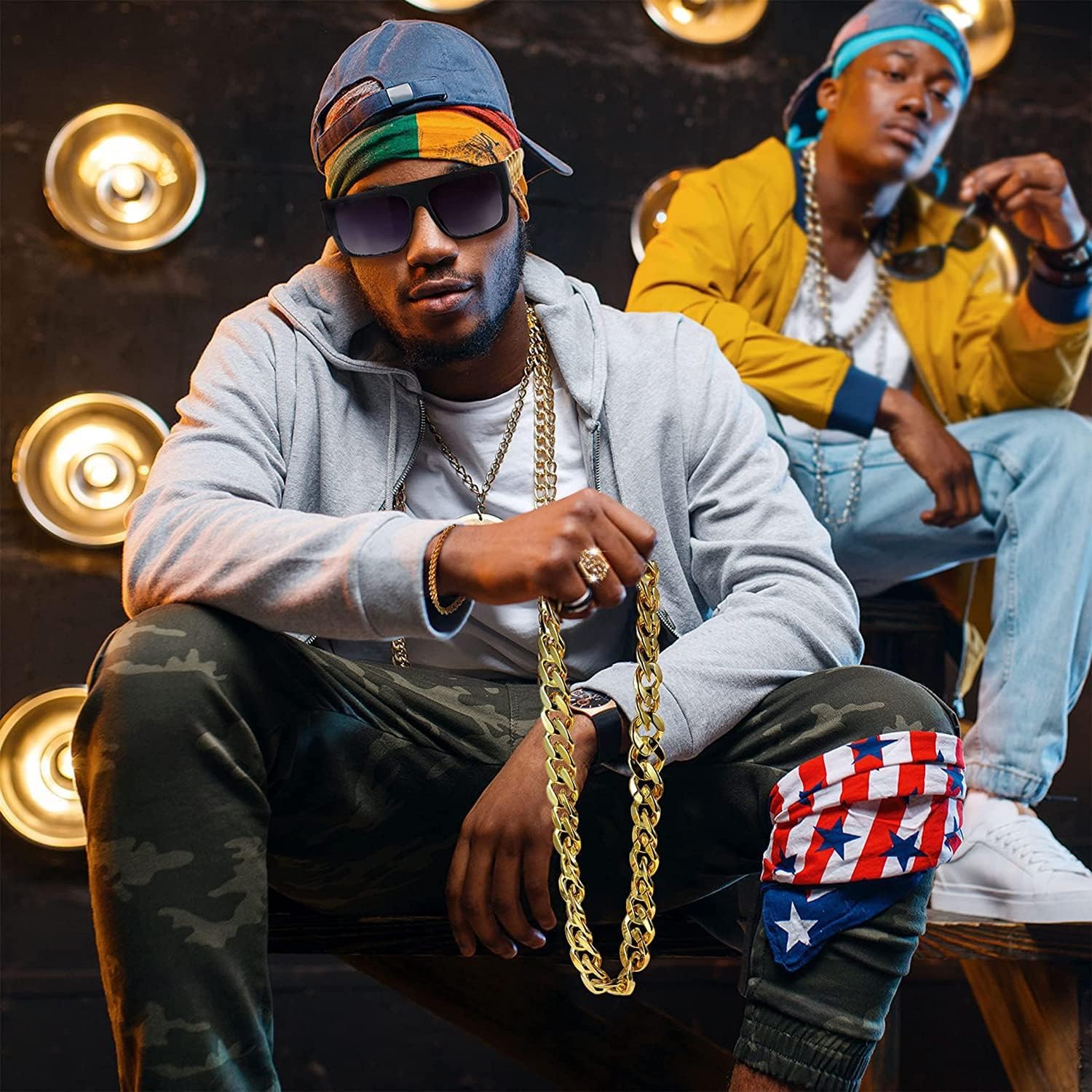 80s 90s Accessories Outfit for Men Hip Hop Costume Kit Old School Rapper Sunglasses Faux Gold Rope Chain - Image 6