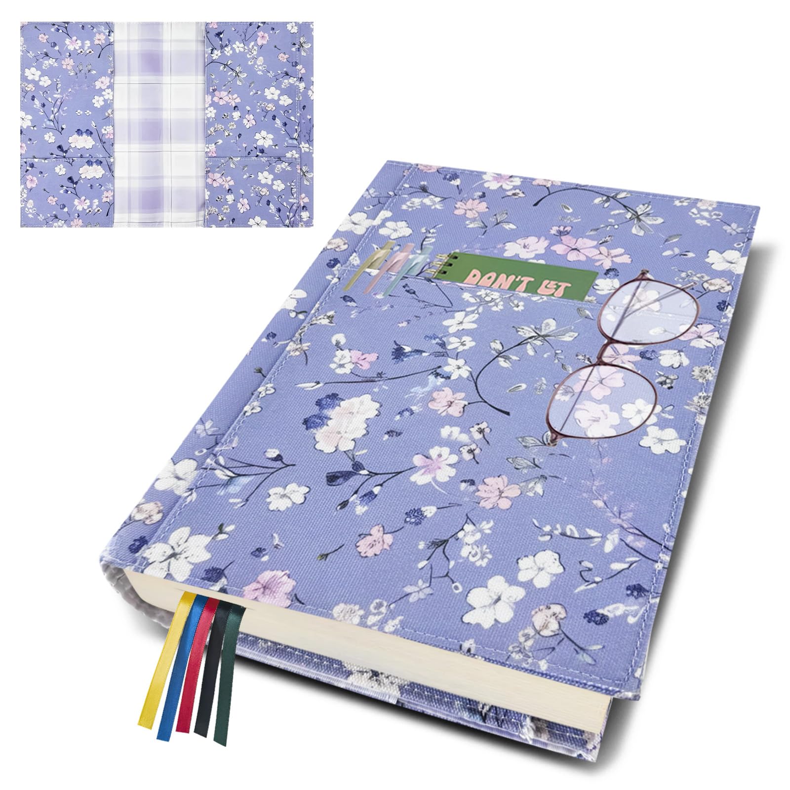 Fundas ajustables para libros, protector de libros de tela de lona lavable con bolsillos, marcapáginas, doble cara con estampado floral, funda para libro de tapa dura, novelas, libros de texto,