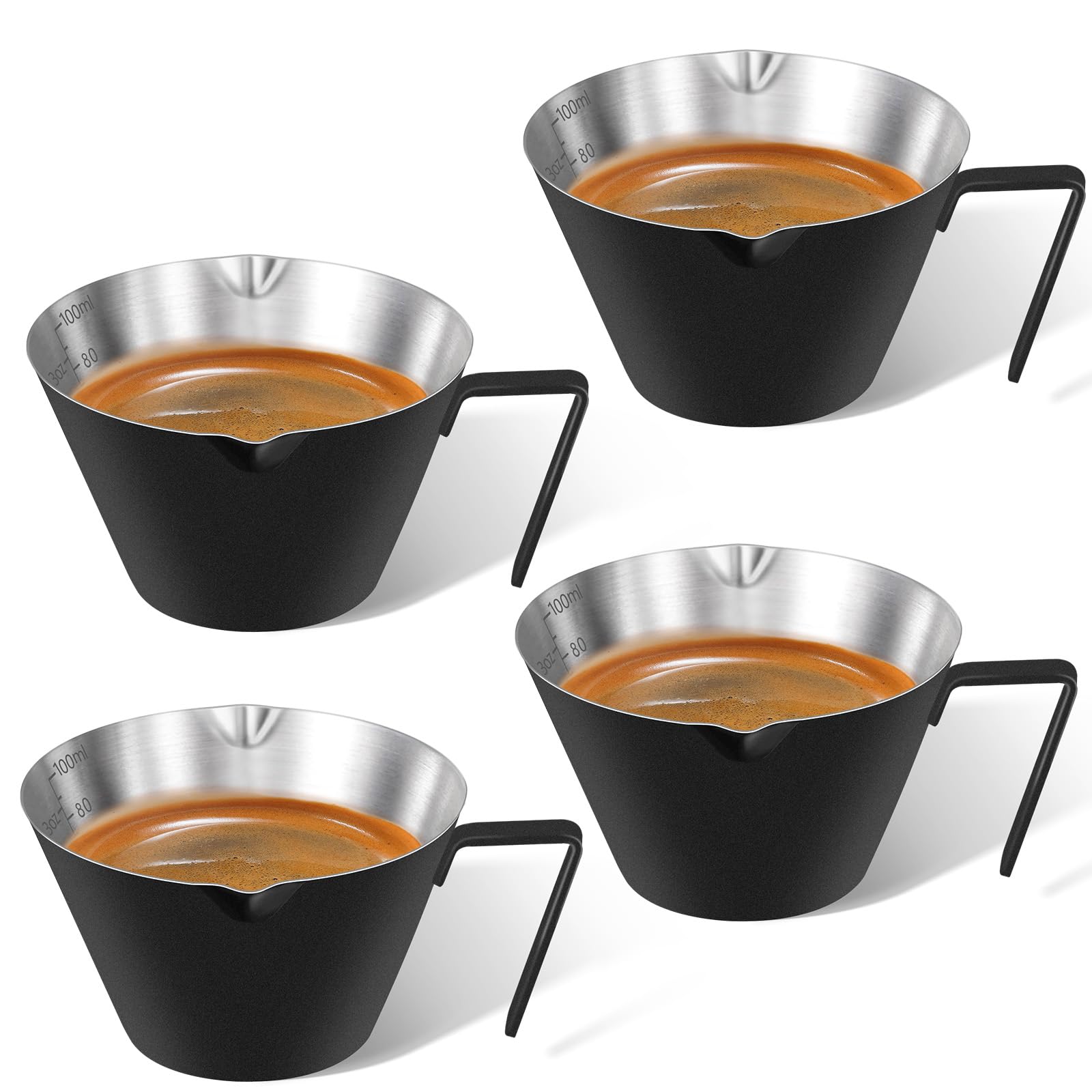 carrottimes 4 Pcs Stainless Steel Espresso Cups with Handle, Double Spout Metal Measuring Cup with Dual Scale, Espresso Shot Cup with V-Shaped Mouth, 3.4oz/100ml (Black)