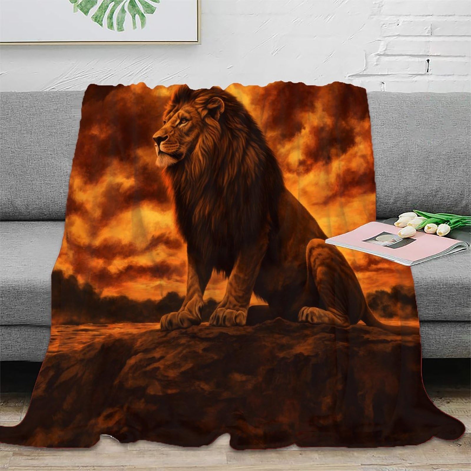 Couverture lion 3D microfibre de salon lavable et antistatique