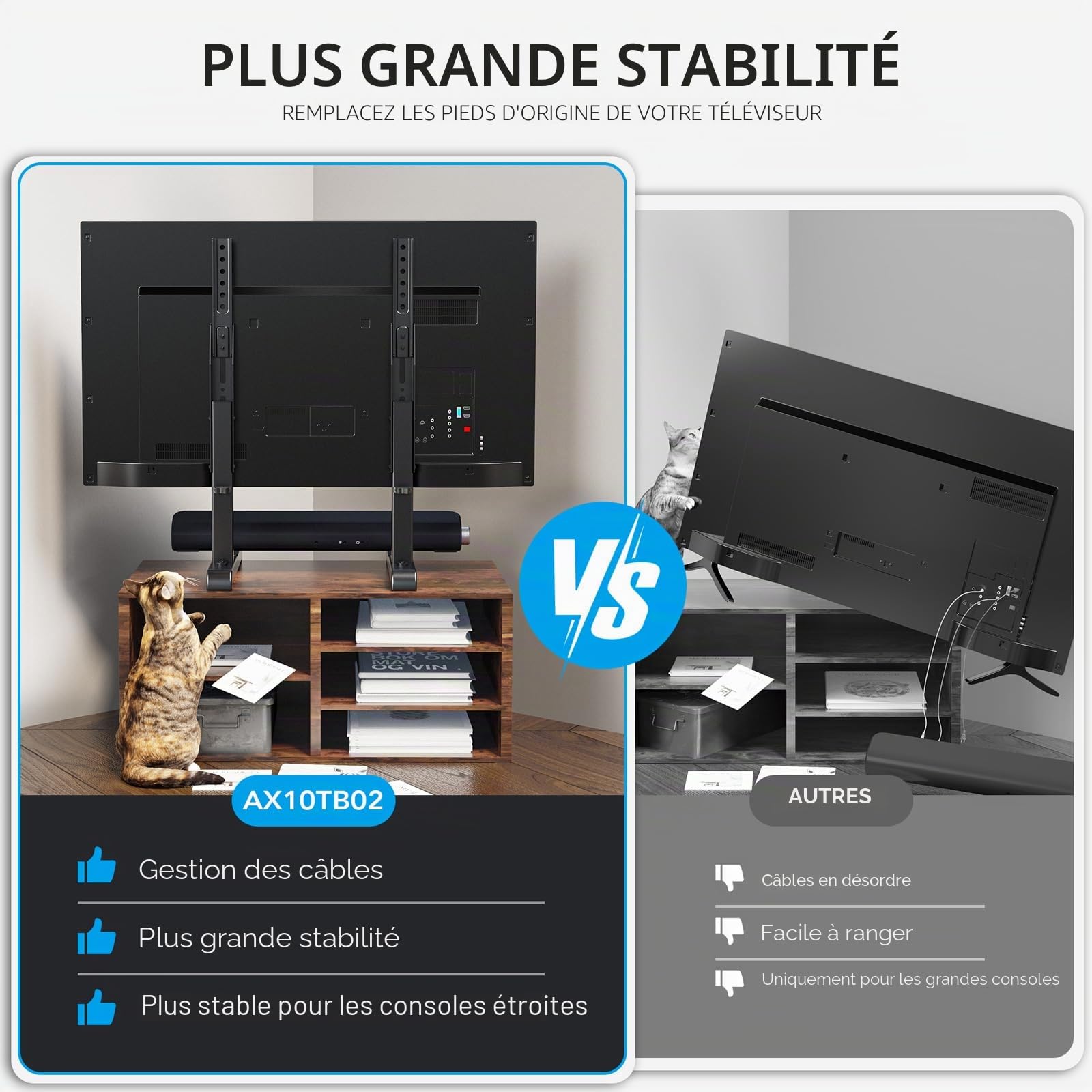 AX WABER Support TV universel, base de rechange pour la plupart des téléviseurs LCD LED de 24 à 80", 7 pieds réglables en hauteur pouvant supporter jusqu'à 68 kg, VESA max 800 x 500 mm, noir AX10TB02