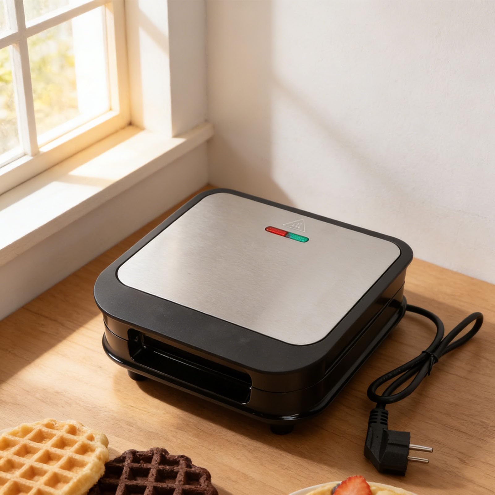 Macchina per Waffle Belga 4 Fette Ferro Antiaderente con Riscaldamento su Entrambi i Lati 850 W 9,3 X 9,3 Pollici Macchina per la Colazione Formato Famiglia per Panini Pancake Dormitorio