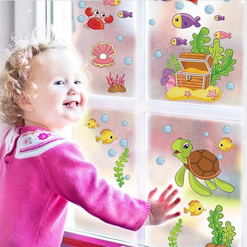 Miniatura 5 de CCINEE 214 calcomanías para ventana con temática oceánica, diseño de sirena, vida marina, peces, para decoración de fiesta de niños, baño
