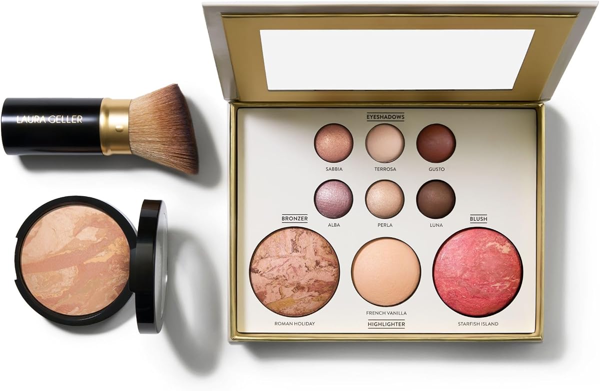 LAURA GELLER Baked Starter Kit Tuscan Dreams - Baked Balance-n-Brighten Powder Foundation + Retractable Angled Kabuki Brush + Best of the Best Palette, Tuscan Dreams light