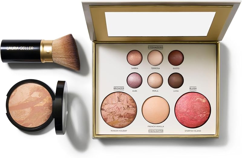LAURA GELLER Baked Starter Kit Tuscan Dreams - Baked Balance-n-Brighten Powder Foundation + Retractable Angled Kabuki Brush + Best of the Best Palette, Tuscan Dreams light
