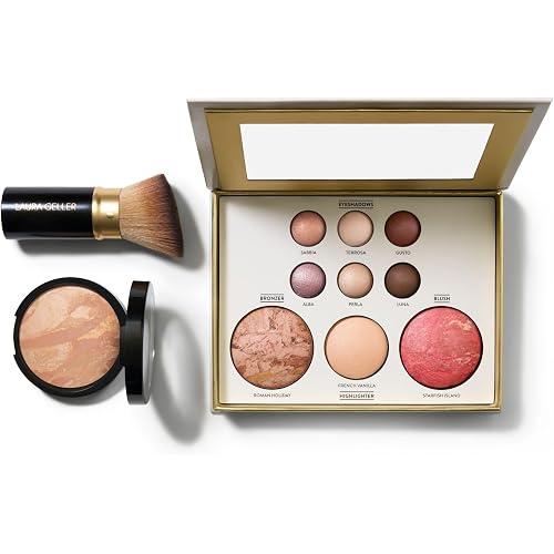 LAURA GELLER NEW YORK Baked Starter Kit- Baked Balance-n-Brighten, Light + Best of the Best Tuscan Dreams Face Palette + Retractable Angled Kabuki Brush