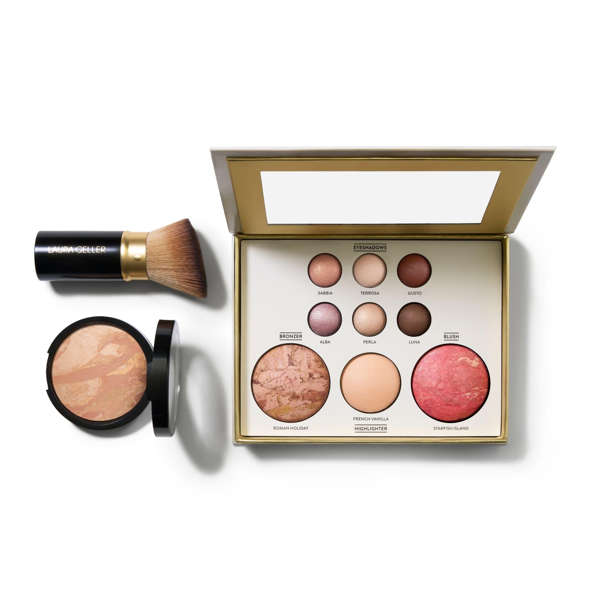 Laura Geller New York Baked Starter Kit - Baked Balance-n-Brighten, Fair + Best of the Best Tuscan Dreams Gesichtspalette + einziehbarer abgewinkelter Kabuki-Pinsel (hell)