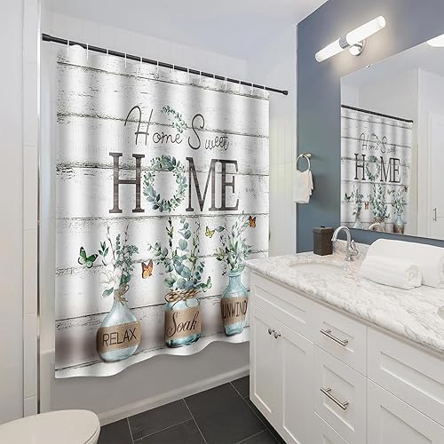 Miniatura 3 de Cortina de ducha de granja, decoración rústica de eucalipto verde con tela impermeable, estilo campestre, cortinas de ducha de mariposa para baño