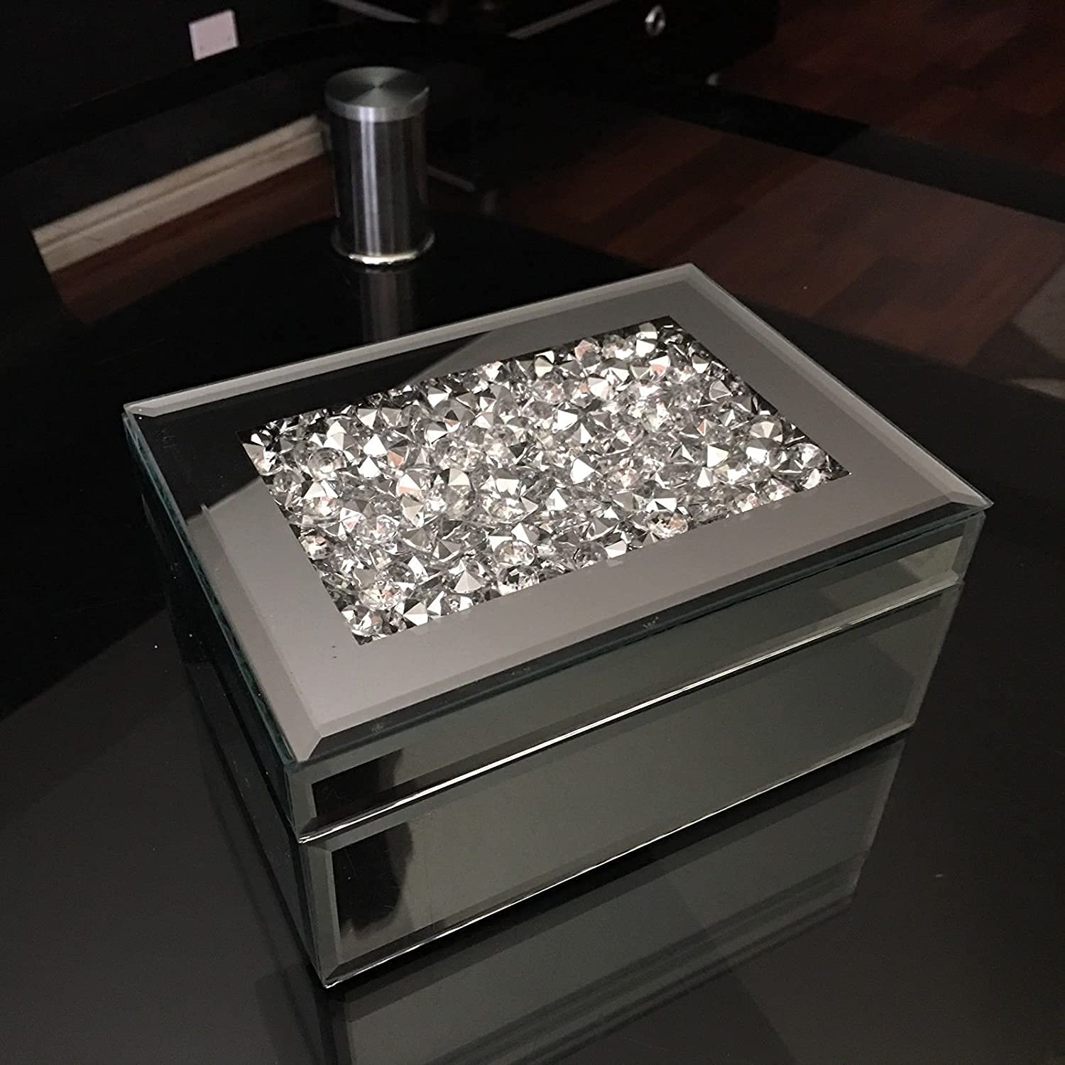 Biznest Silver Glass Mirrored Diamante Crushed Jewels Jewelry Box Mirrored Storage Box