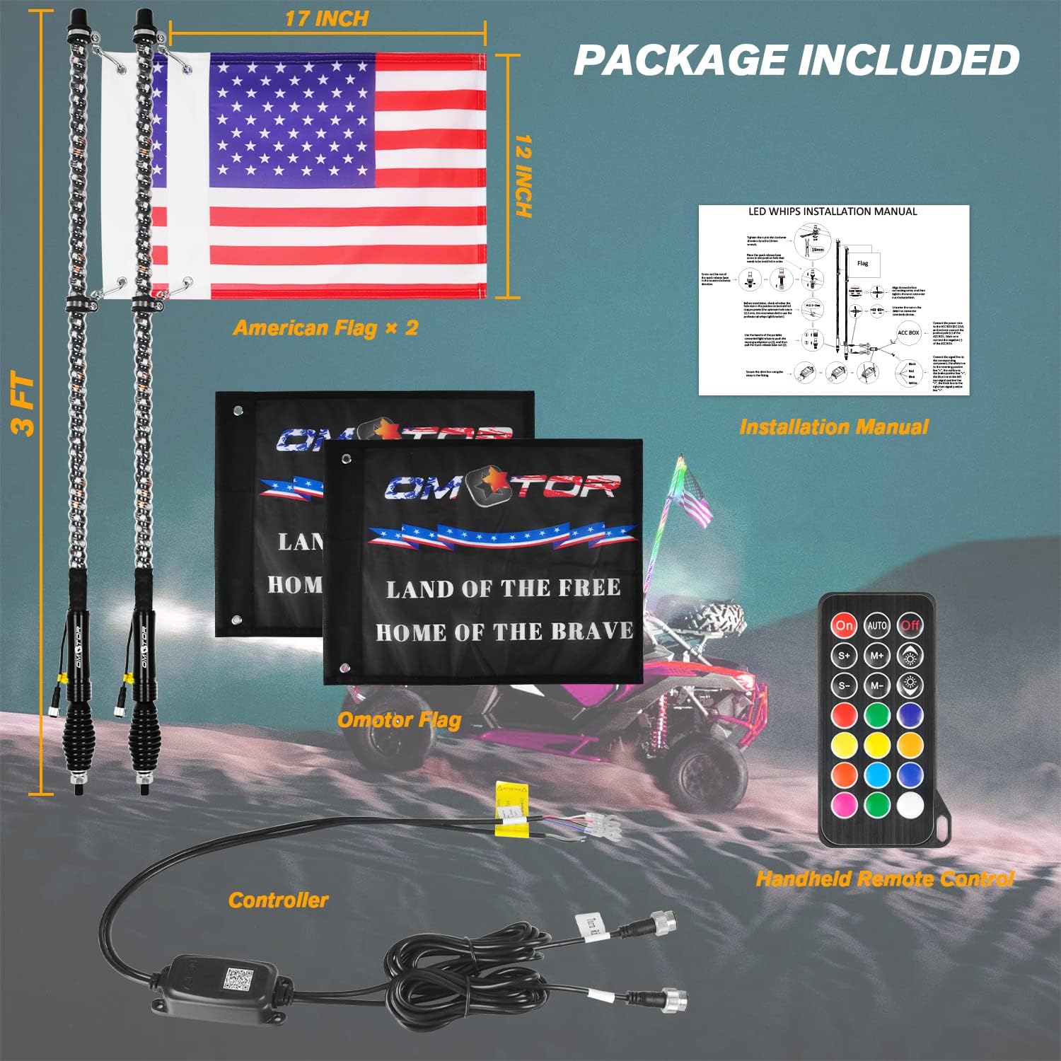 Omotor 2pcs 3ft LED Spiral RGB Led Whip Light with Spring Base Chasing Light with Bluetooth and Remote Control Lighted Antenna Whips for Can-Am ATV UTV RZR Polaris Dune Buggy Offroad Truck