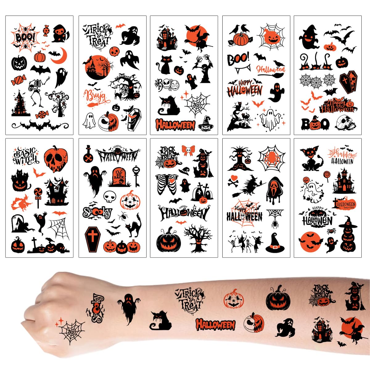 MAYCREATE® 10 Sheets Halloween Temporary Tattoos Ghost Pumpkin Tattoos | Waterproof Sweatproof Spider Web Skeleton Designs for Party-image-16