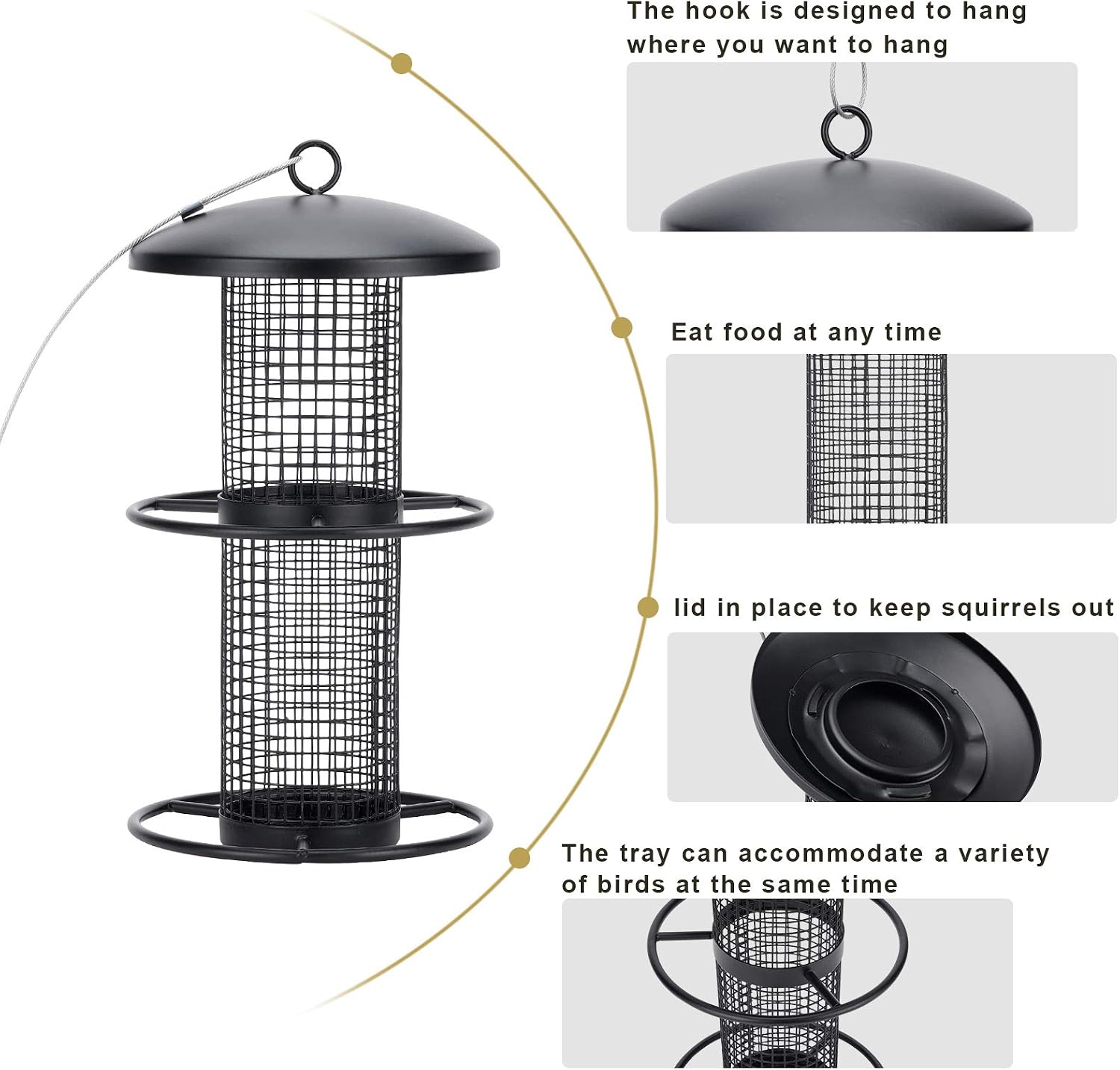 Hanging Bird Feeder for Outside, Squirrel Proof Wild Bird Feeder with 2 Metal Rings, Tube Bird Seed Feeders and Outdoor Garden Yard Tree Decoration for Bird Watchers, Black,S