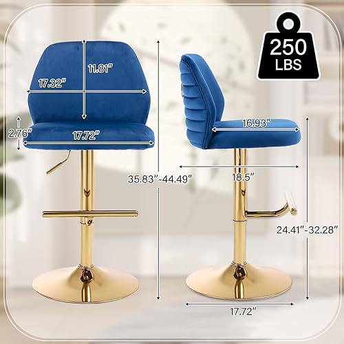 Miniatura 3 de TTK Velvet Swivel Bar Stools Set of 2 with Backs Adjustable Gold Barstools for Kitchen Island Counter Height Bar Chairs Upholstered Mid Century