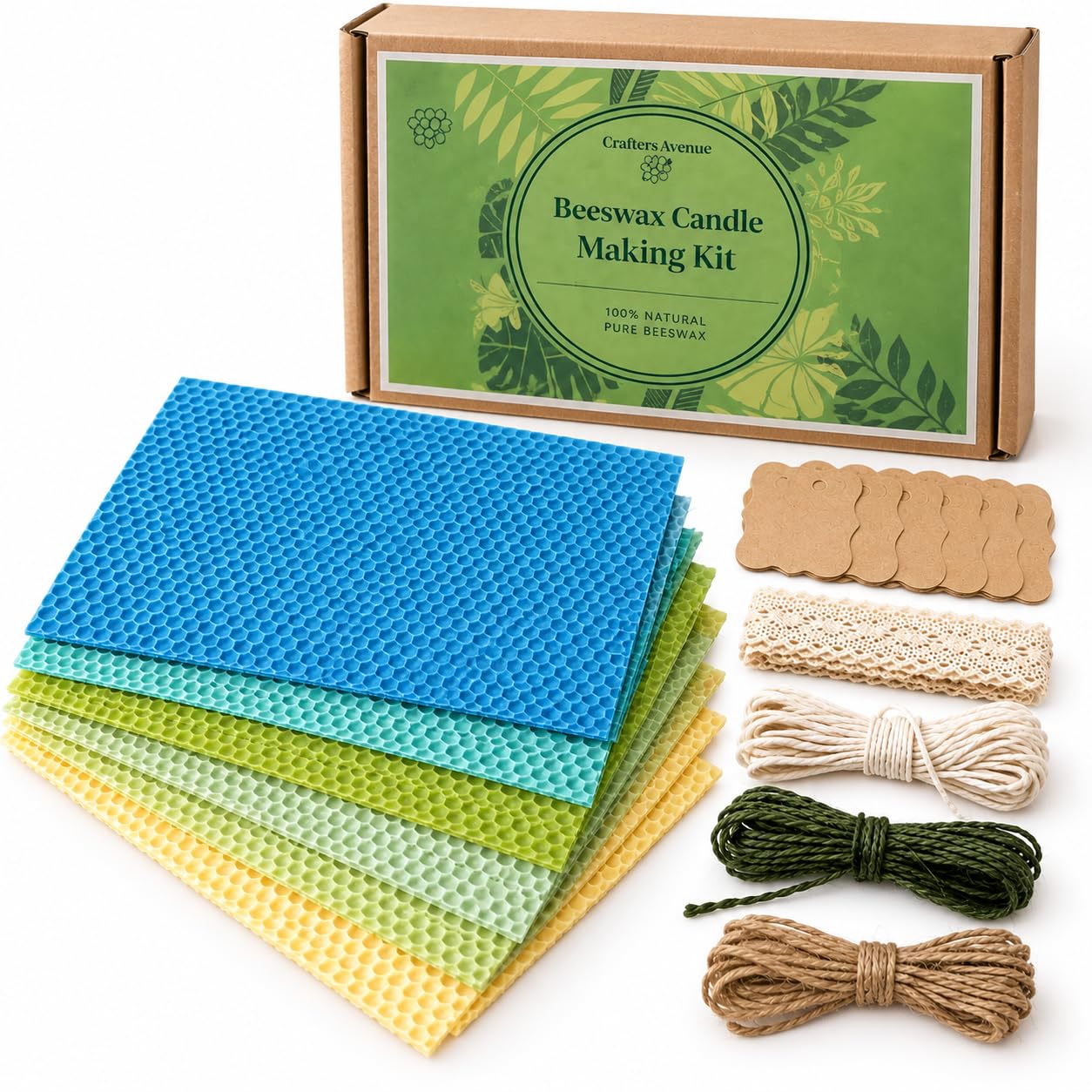 CraftersAvenue Kit para hacer velas de cera de abeja, juego de fabricación de velas de cera de abeja, 12 hojas de cera de abeja para hacer velas, tamaño 5 x 8 pulgadas, tonos de verde, suministros