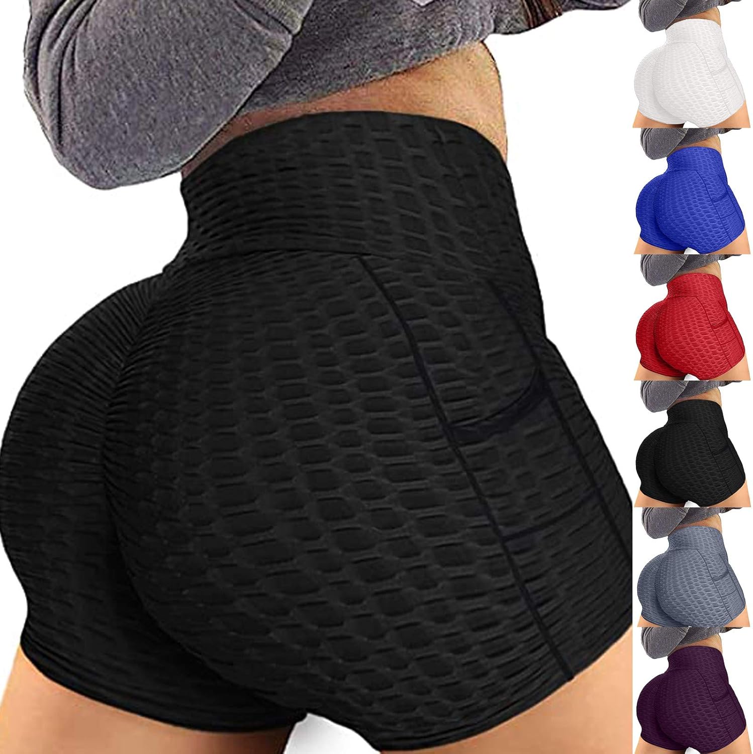 Womens Butt Lifting Textured High Waist Yoga Shorts Pure Color Running