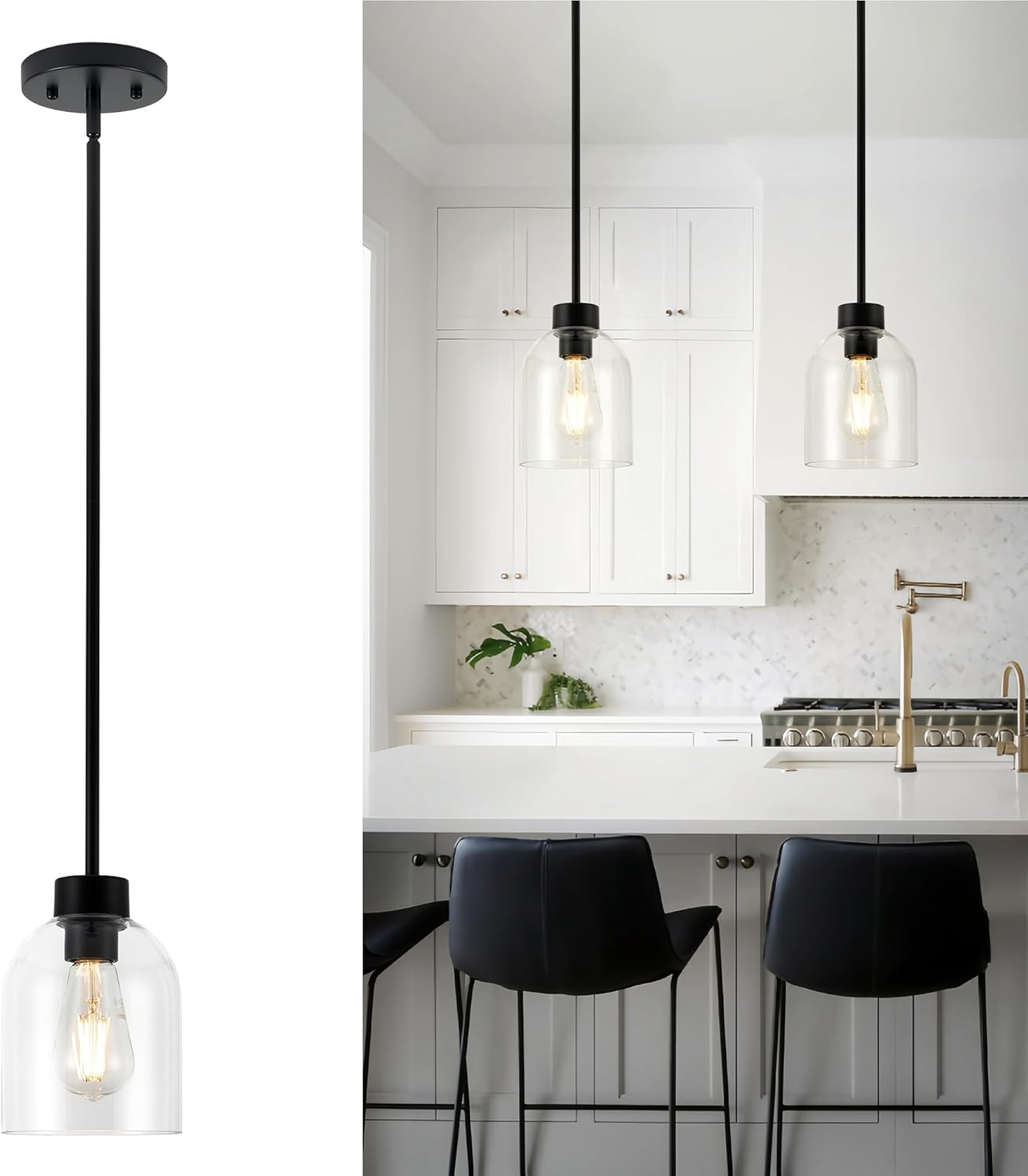 Gold Pendant Lights Kitchen Island - Hanging Lights Fixtures with Dual Shade - Clear Glass Modern Kitchen Pendant Lighting Over Island, H2514-BG
