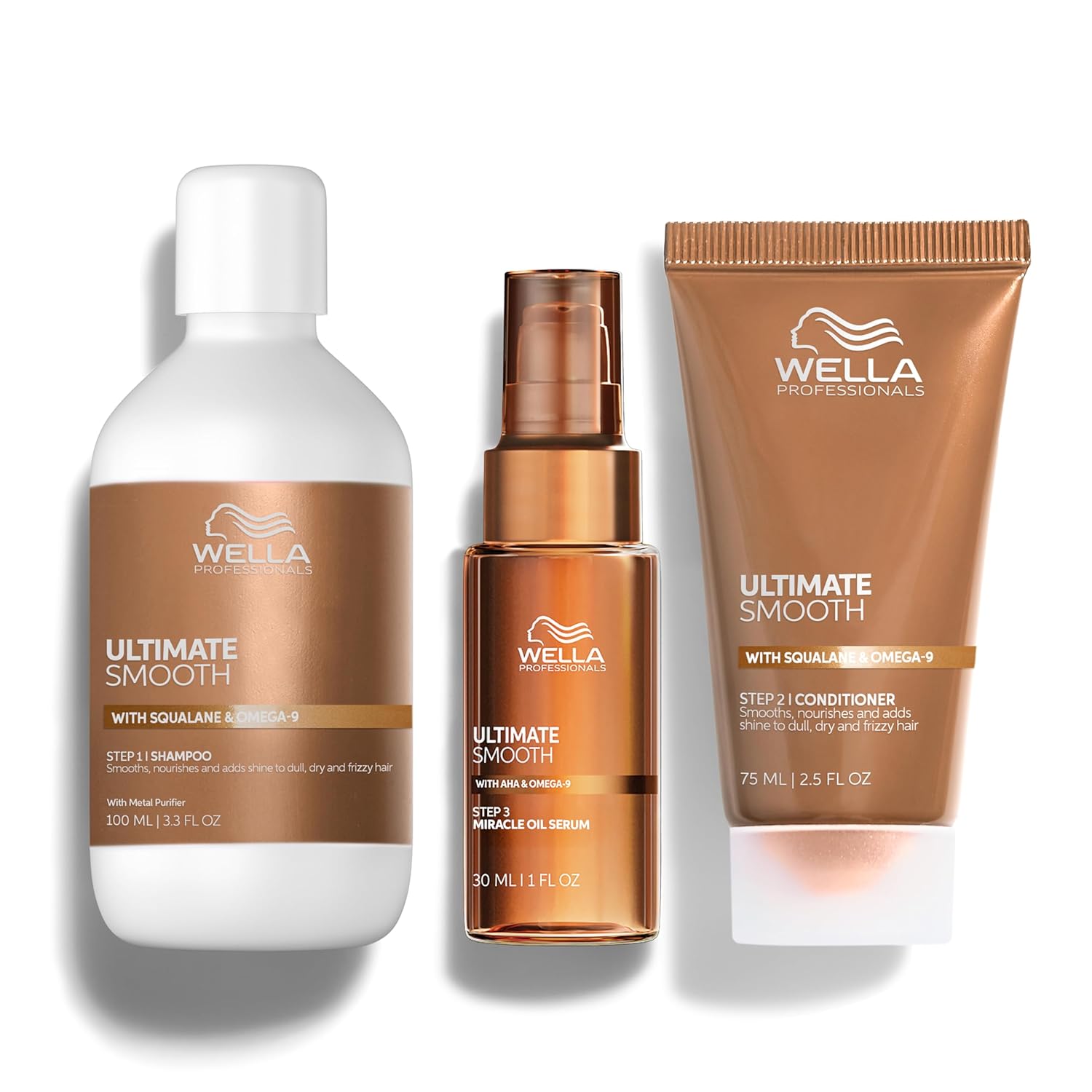 Wella Professionals ULTIMATE SMOOTH Shampoo, Conditioner, and Miracle Hair Oil Serum 3pc Bundle | For Dry, Dull & Frizzy Hair | Nourishes, Smooths & Adds a Silky Shine | Heat Protectant | Color Safe