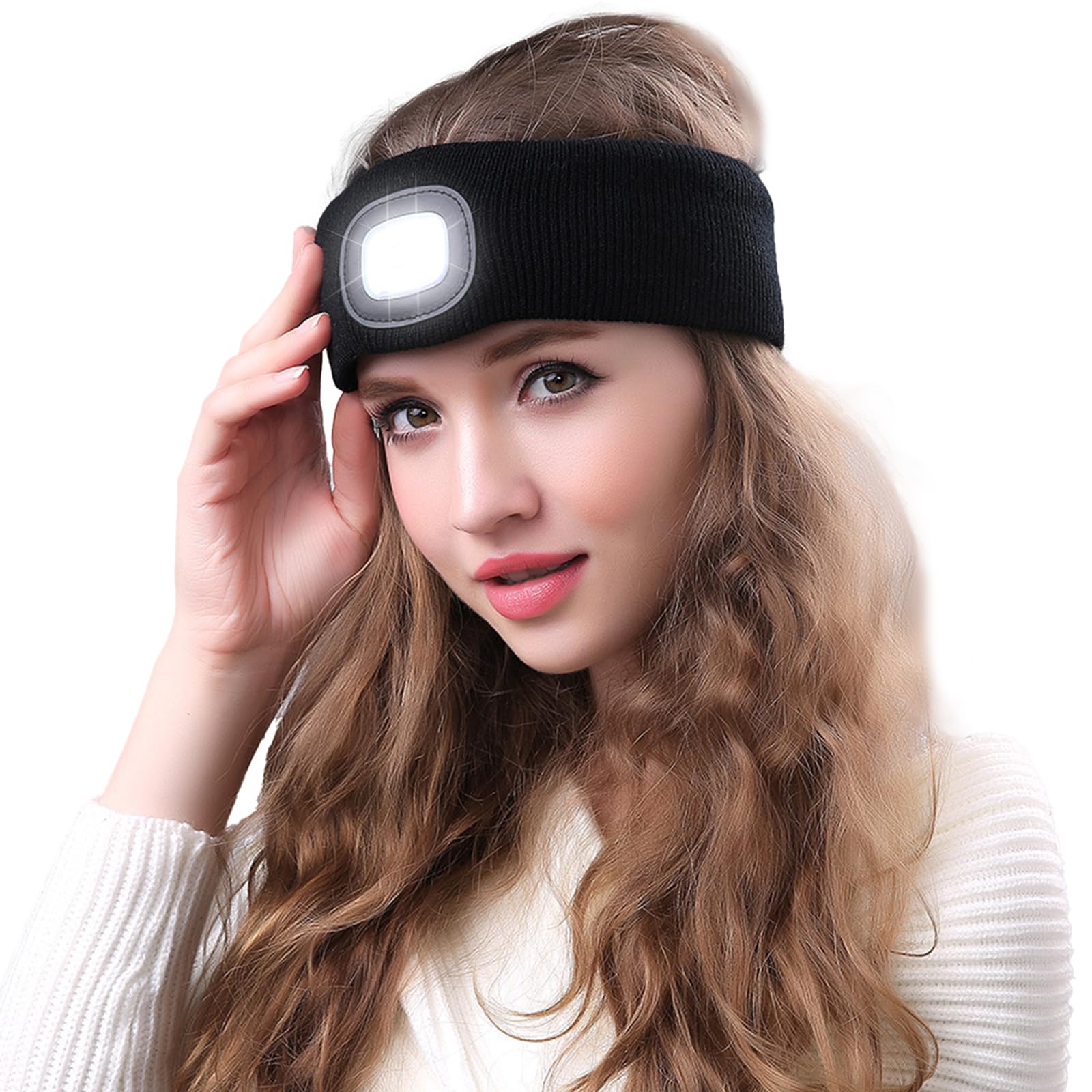 Fascia luminosa a LED con lampada frontale ricaricabile tramite USB, cappello da corsa, elastico, attività all'aperto, corsa notturna (arancione
