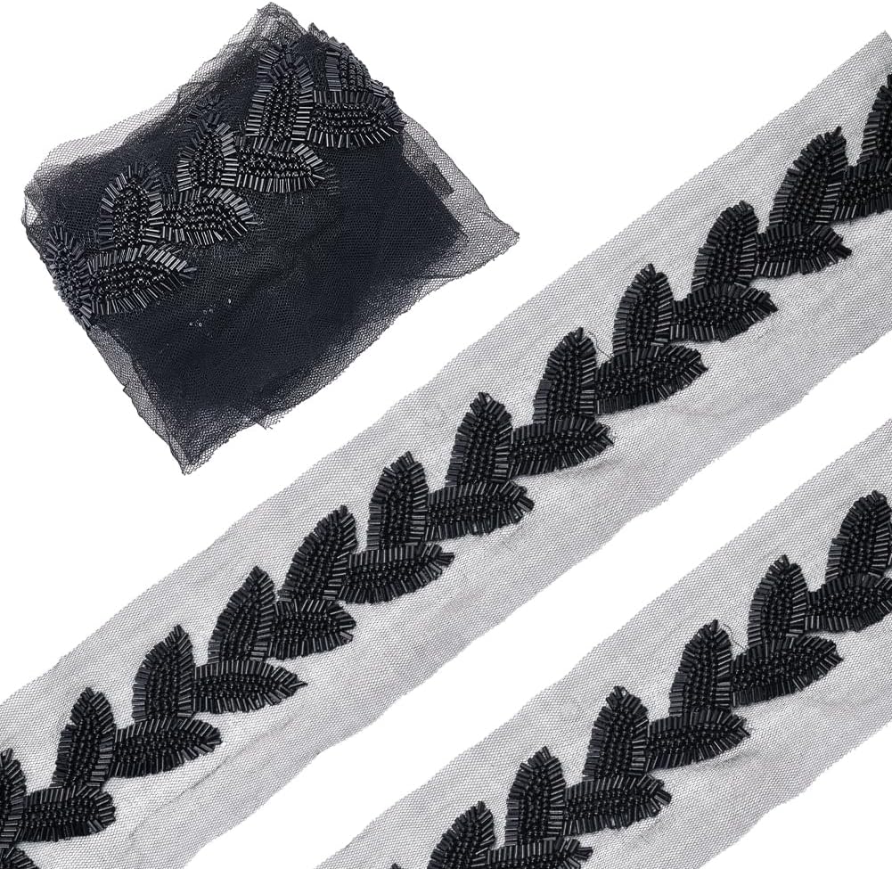 PH PandaHall 2 Yards Beaded Lace Trim Black Beaded Leaf Applique Ribbon, 40mm Lace Mesh Ribbon Glass Bead Trim for Clothing Sewing Crafts Curtain Dance Skirt Decoration Accessories