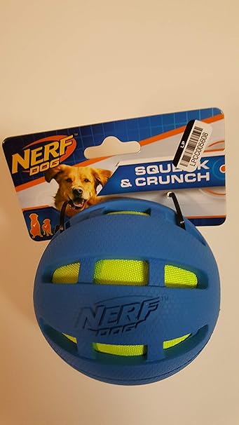 Nerf Dog 3.8in Rubber Checker Crunch Ball ?�� Blue with Green Crunch Bag