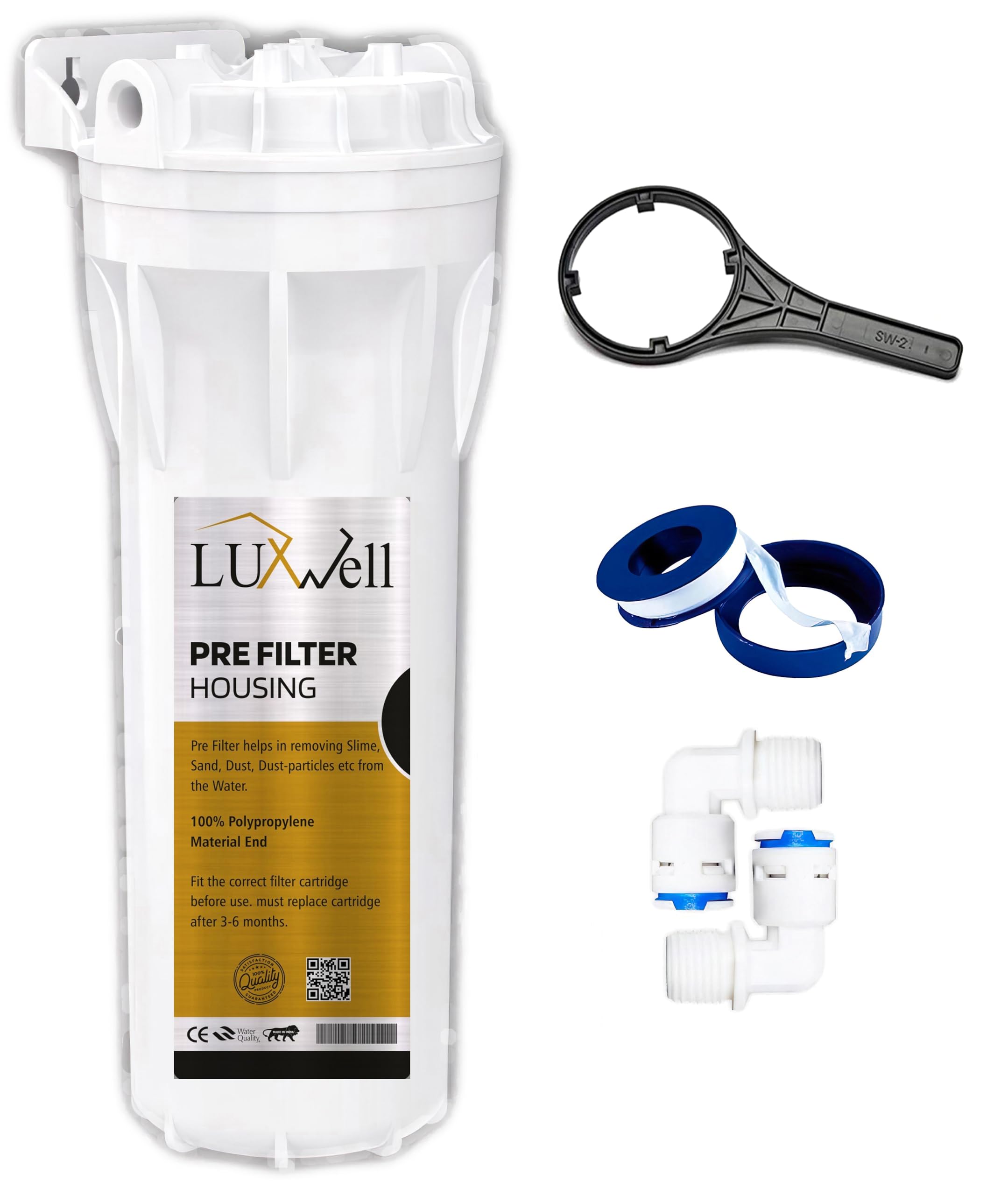 LUXWELL Pre Filter Housing RO Kit/Bowl Complete Kit for Water Purifier - 2 Elbow, Spanner Key, Teflon Tape Compatible With All Brand RO and Water Purifiers - Leak Free Housing for RO/UV/UF -White