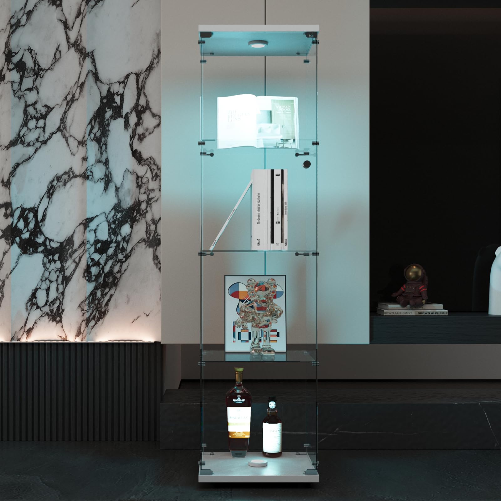 Vitrina de Cristal con LED, Armario para colección con 1 Puerta, 4 estantes, Transparente, gabinete, Vitrina, Cristal, Vitrina, estatuilla, gabinete, Vitrina, salón, Bar (4 Pisos,1 Puerta