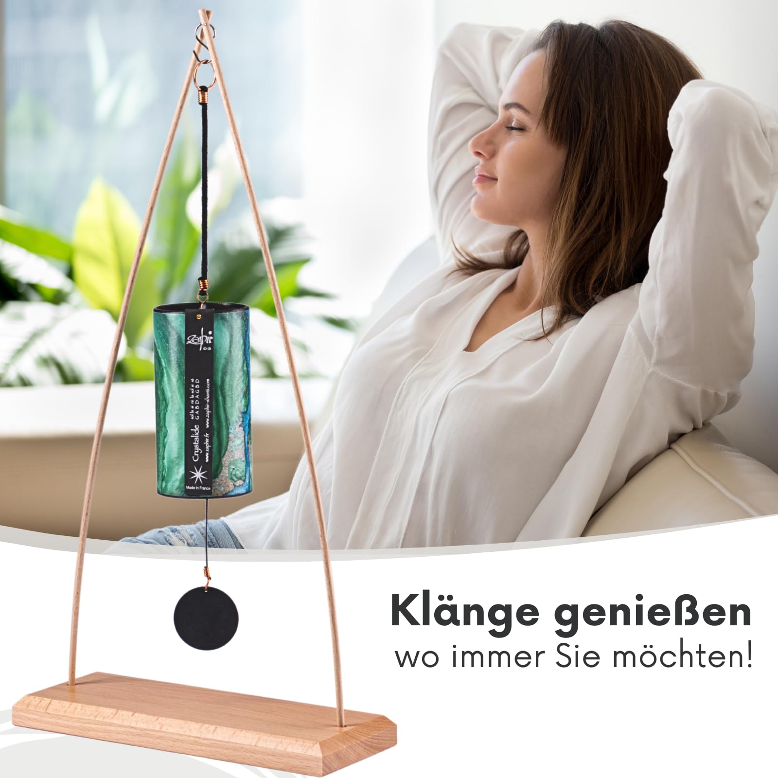 Zaphir Klangspiel Crystalide Frühling mit Ständer - Klangspielständer Tipi aus Buchenholz - 50 cm Höhe für Yoga, Kinder zur Entspannung und Meditieren