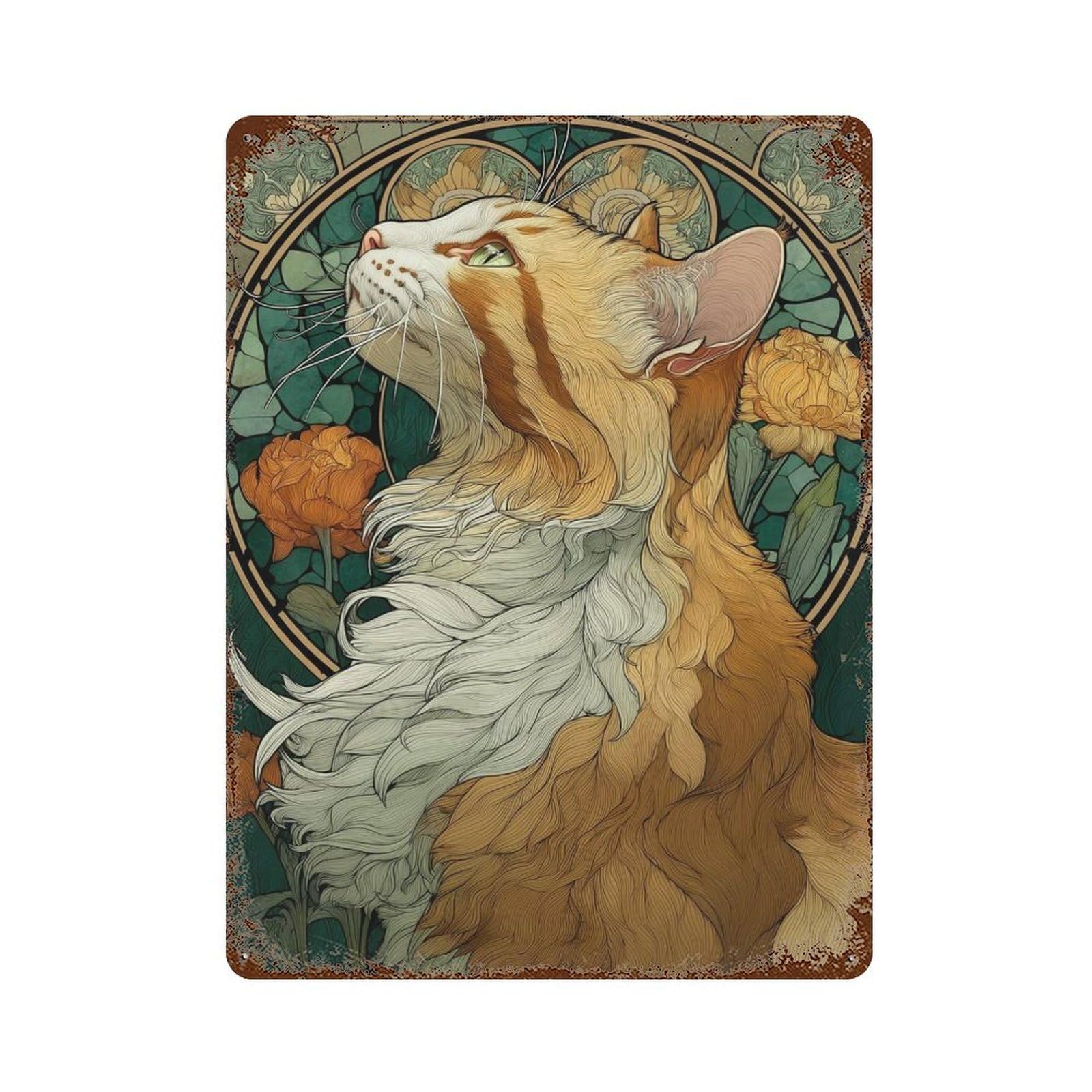 Art Deco Cat Portrait 15.7"x11.8" Rust Effect Tin Sign, Rustic Home Decor for Office, Studio And Wall Decor