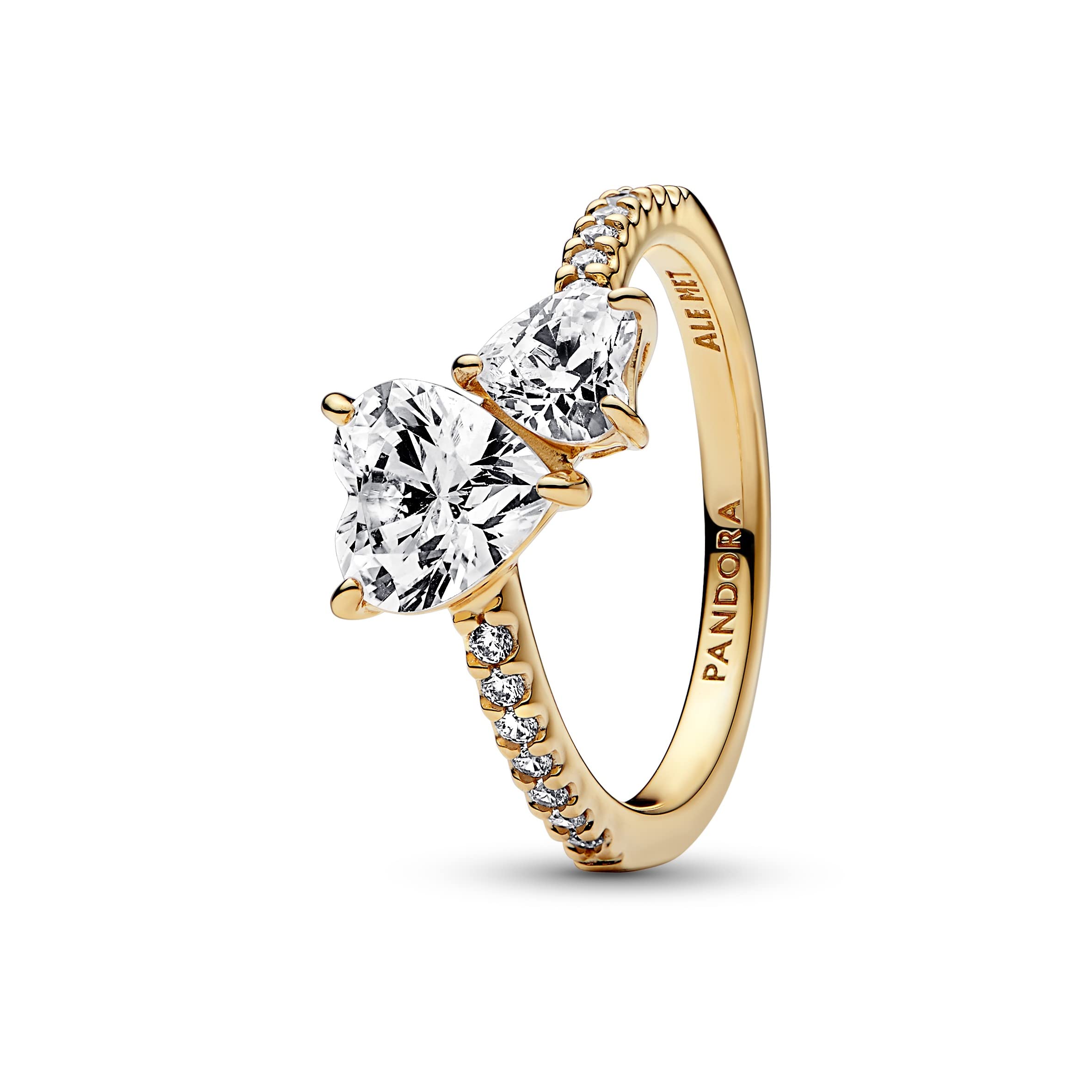 Pandora Timeless Anillo con diseño de corazón doble centelleante chapado en oro de 14 quilates con de circonitas cúbicas transparentes, talla 54