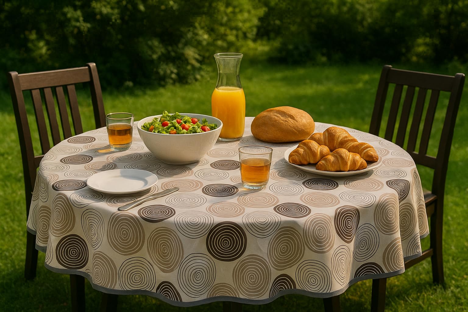 Wachstuch 140 x 180 cm oval mit Kringel abwaschbar mit Saum Polyester Gartentischdecke