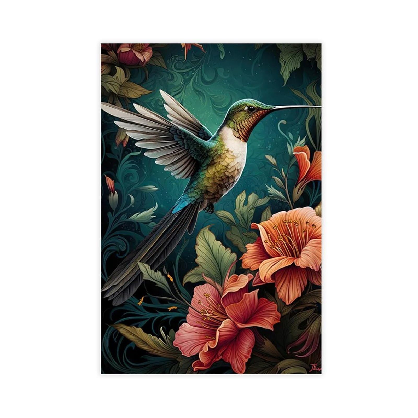 Bareronor Hummingbird And Floral Canvas Poster Bedroom Decor Landscape Office Room Decor Gift 12" L X 18" W