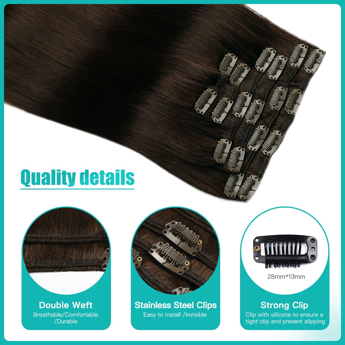 SURNEL Extensiones Clip Pelo Natural, 50cm 120g 6 Piezas, Castaño Oscuro Extensiones de Clip Natural Extensiones Pelo Remy Extensiones Cabello Postizos Mujer(C#2-50cm) — view 3