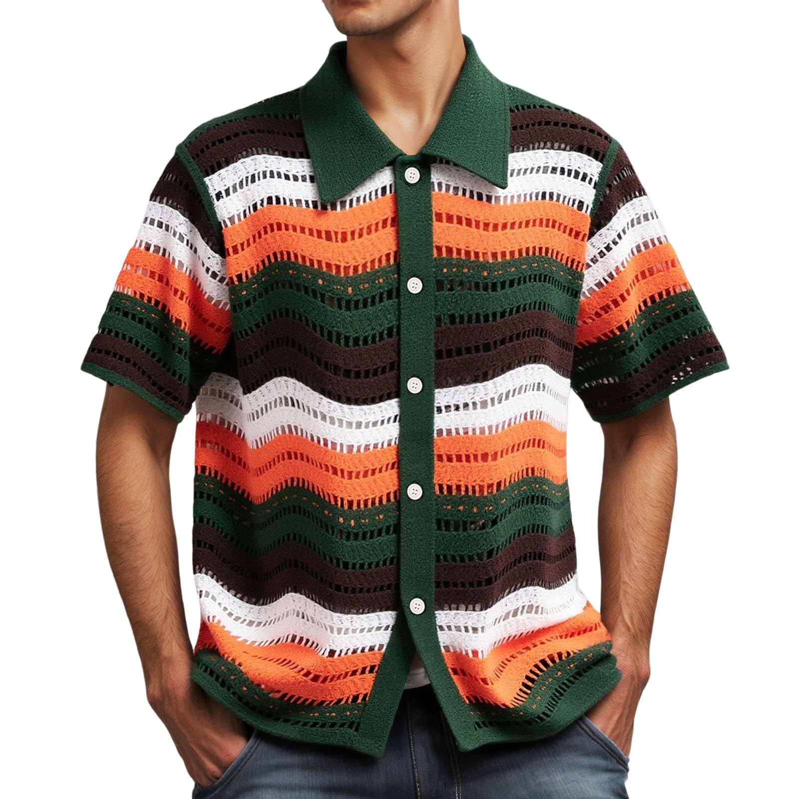 Camicia a maglia da uomo, a maniche corte, con scollo a V, a righe, per il tempo libero, casual, con colletto rovesciato
