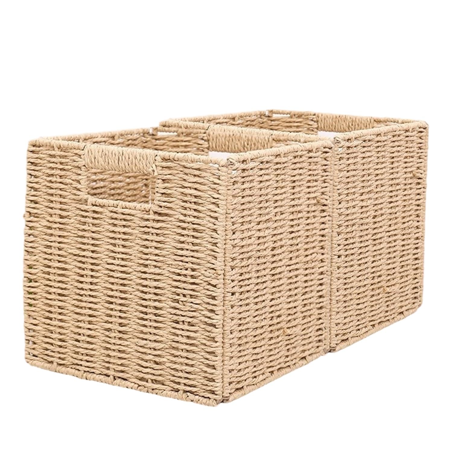 Gfftyx 2Pcs Wicker Storage Basket, Handwoven Paper Rope Collapsible Woven Baskets, Cube Storage Bins With Handle, Baskets For Gifts Empty, Shelves Organizing And Decor(,Side Length 25Cm)