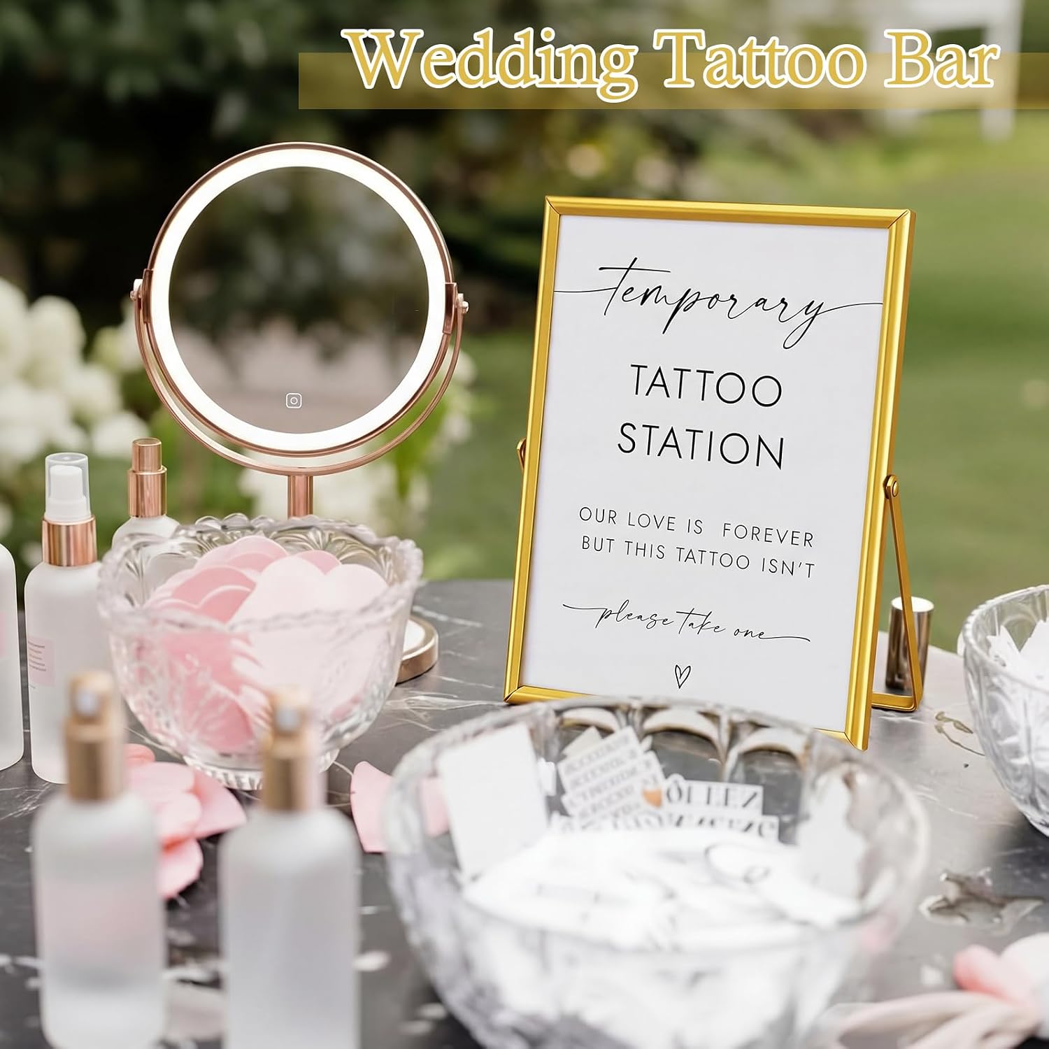Wedding Temporary Tattoo Station Sign Tattoo Bar Table Station 10 x 8 Inch for Engagement Bridal Shower Bachelor Party Gold Floating Picture Frame Sign for Table Desk