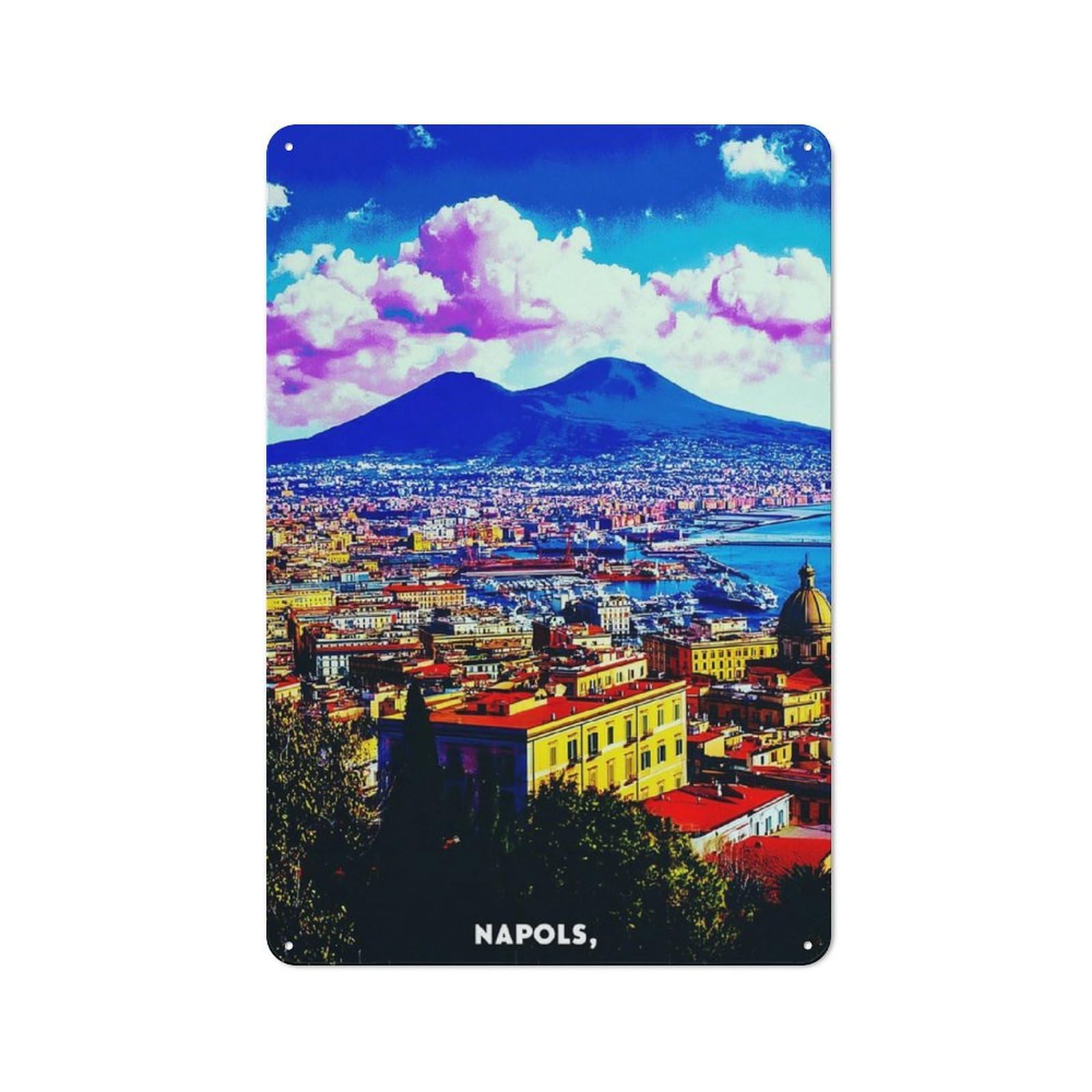 Junmoney Vibrant Naples Cityscape With Mount Vesuvius -1 Vintage Tin Sign 30X20cm, Rustic Bistro Wall Plaque For Kitchen, Cafe, Pantry Or Dining Room