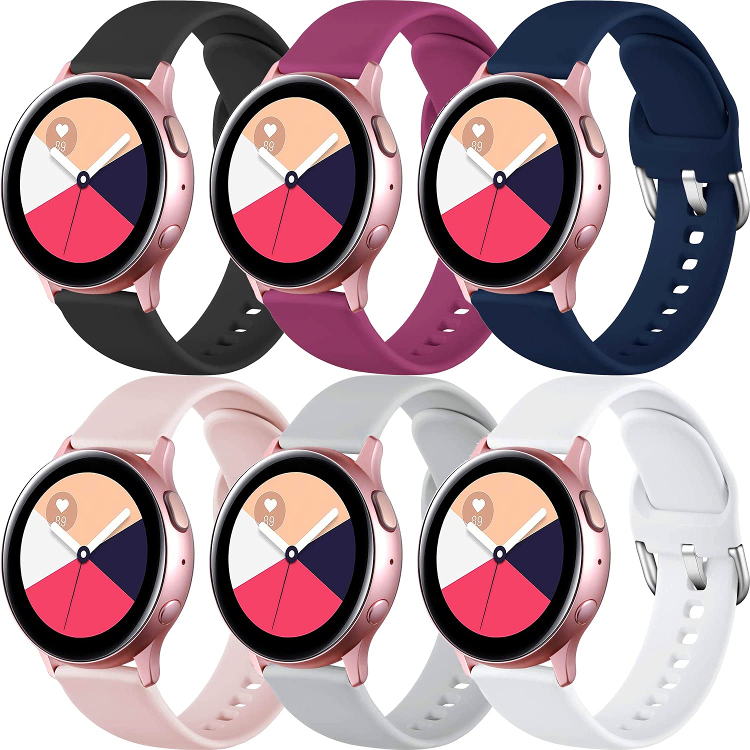 6-Pack Silicone Band Compatible with Samsung Galaxy Watch Strap 40mm 41mm 42mm 44mm 45mm 46mm, Soft Replacement Sport Strap with Classic Buckle for Galaxy Watch, Watch 3, Active, Active 2