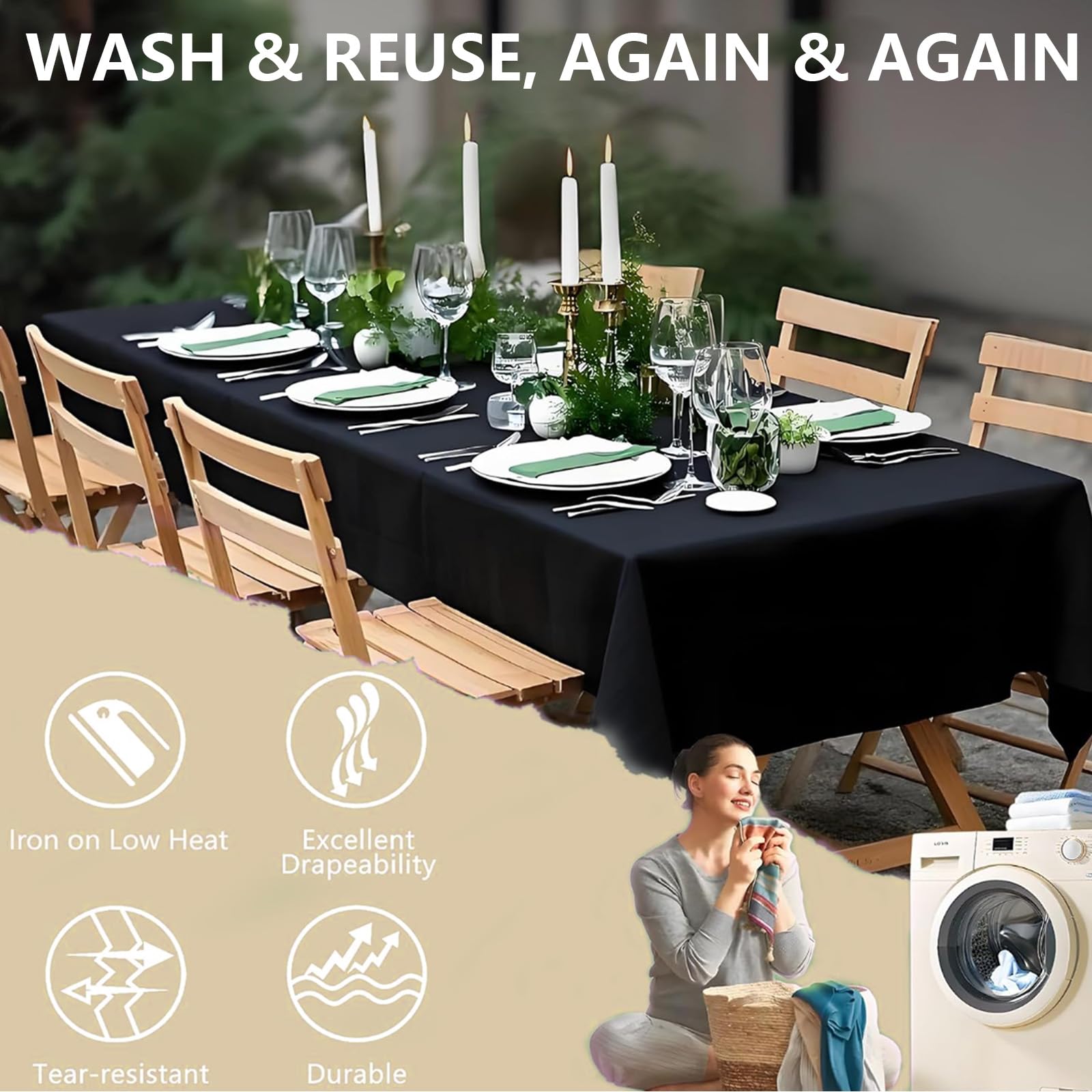 Lot de 10 nappes rectangulaires noires pour tables rectangulaires de 1,8 m x 152,4 cm x 259,1 cm en tissu polyester très résistant, réutilisable et lavable pour mariages, fêtes, banquets