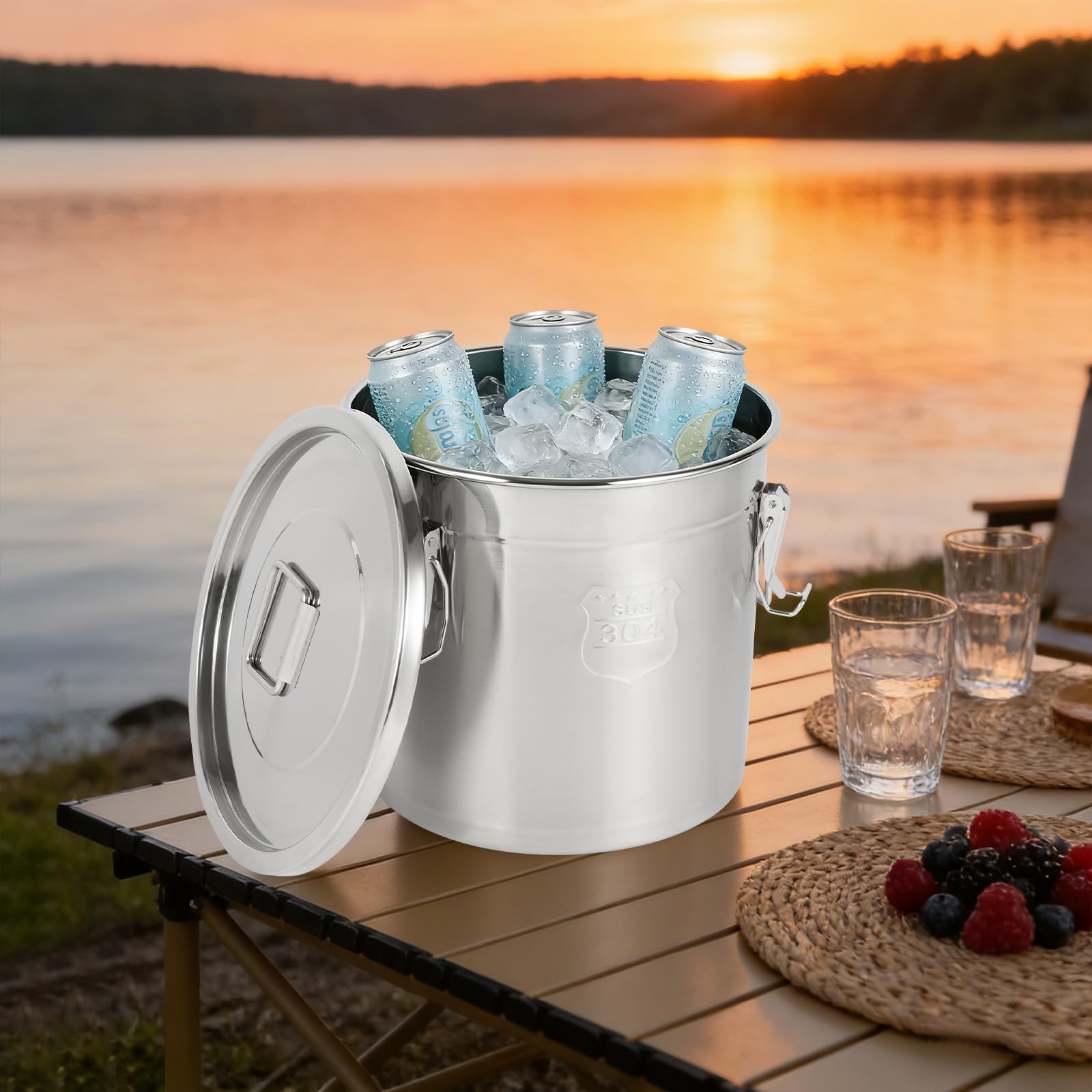 Luftdichte Dose aus Edelstahl, 21 l, 304, lebensmittelecht, 3 Clips mit Silikondichtung, lange Haltbarkeit für Kaffee, Tee, Mehl, Zucker, Reis, Haus, Restaurant, Silber, 30 x 30 cm