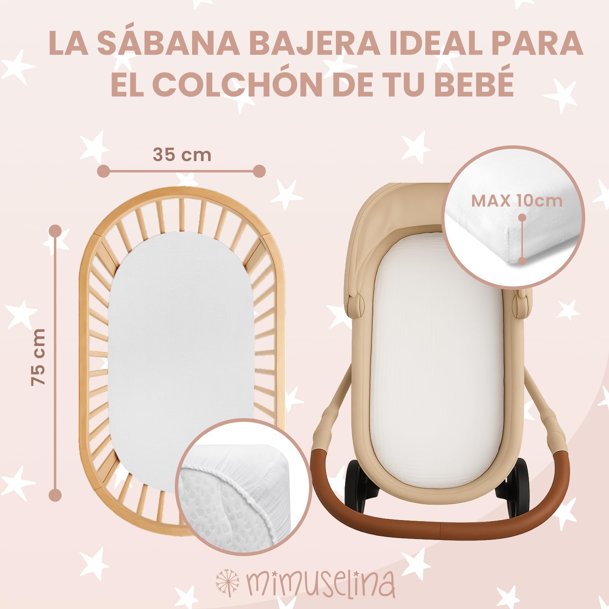 MIMUSELINA Sabanas Capazo Bebe 35x75 | Pack de 2 Sabanas Moises 100% Algodón Muselina Suave y Transpirable | Hechas en España | Blanca - Blanca