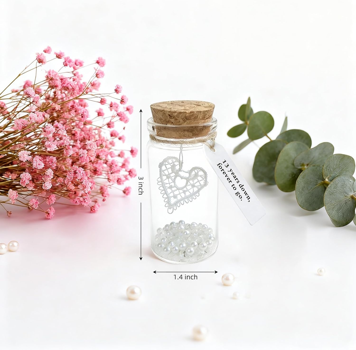 Rimvoe 13th Wedding Anniversary Lace Gift, Lace Heart in Small Glass Keepsake Bottle, with Message Tag “13 Years Down, Forever to Go”, for Husband Wife Him or Her