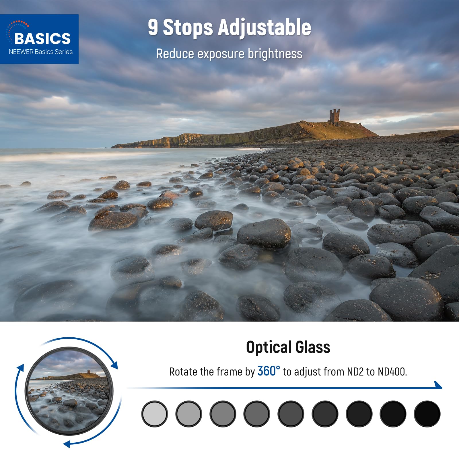 NEEWER BASICS Filtro ND Variabile da 67mm, Filtro ND2-400 a Densità Neutra Variabile Ruotabile con Riduzione della Luce 1-9 Stop con Rivestimento Anti Impronta, Telaio Sottile per Obiettivo Fotocamera